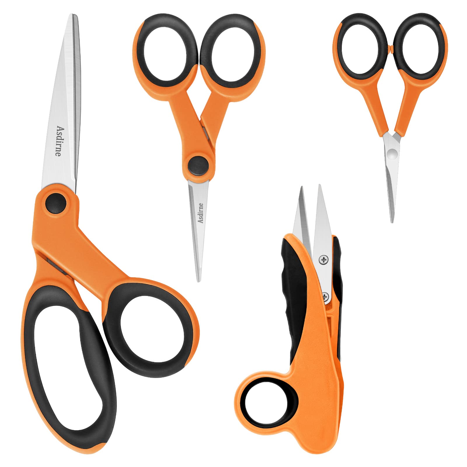 Premium Fabric Scissors Set - 4PC Sharp Stainless Steel Blades with Soft Grip Handles (Sewing, Craft, Thread & Embroidery Scissors) - Orange/Black - Perfect for Quilting, DIY Projects & Tailoring