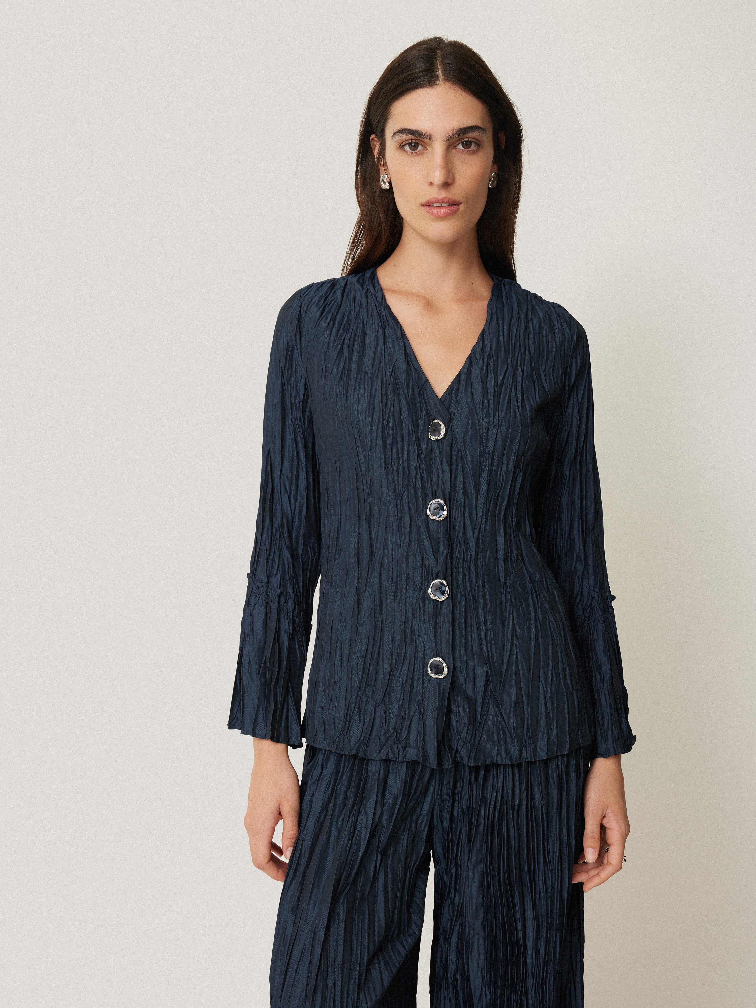 Women's Navy Plisse Button Up Blouse - Stylish & Comfortable for Work, Casual & Date Night Outfits