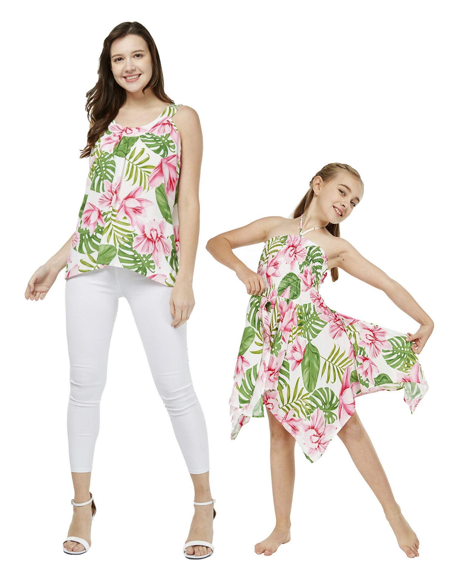 Mother & Daughter Matching Hawaiian Luau Tank Top and Gypsy Dress Set - Simply Blue Leaf Print for Beach Vacation, Family Photos & Summer Outfits