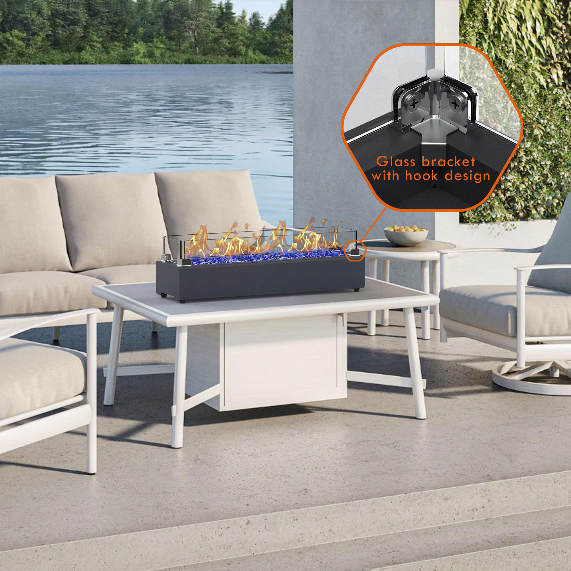 28-Inch Tabletop Propane Fire Pit - 40,000 BTU Outdoor Portable Fireplace with Windproof Glass Shield & Decorative Glass Rocks, Carbon Gray - Perfect for Patio, Deck, Backyard, and Camping Gatherings