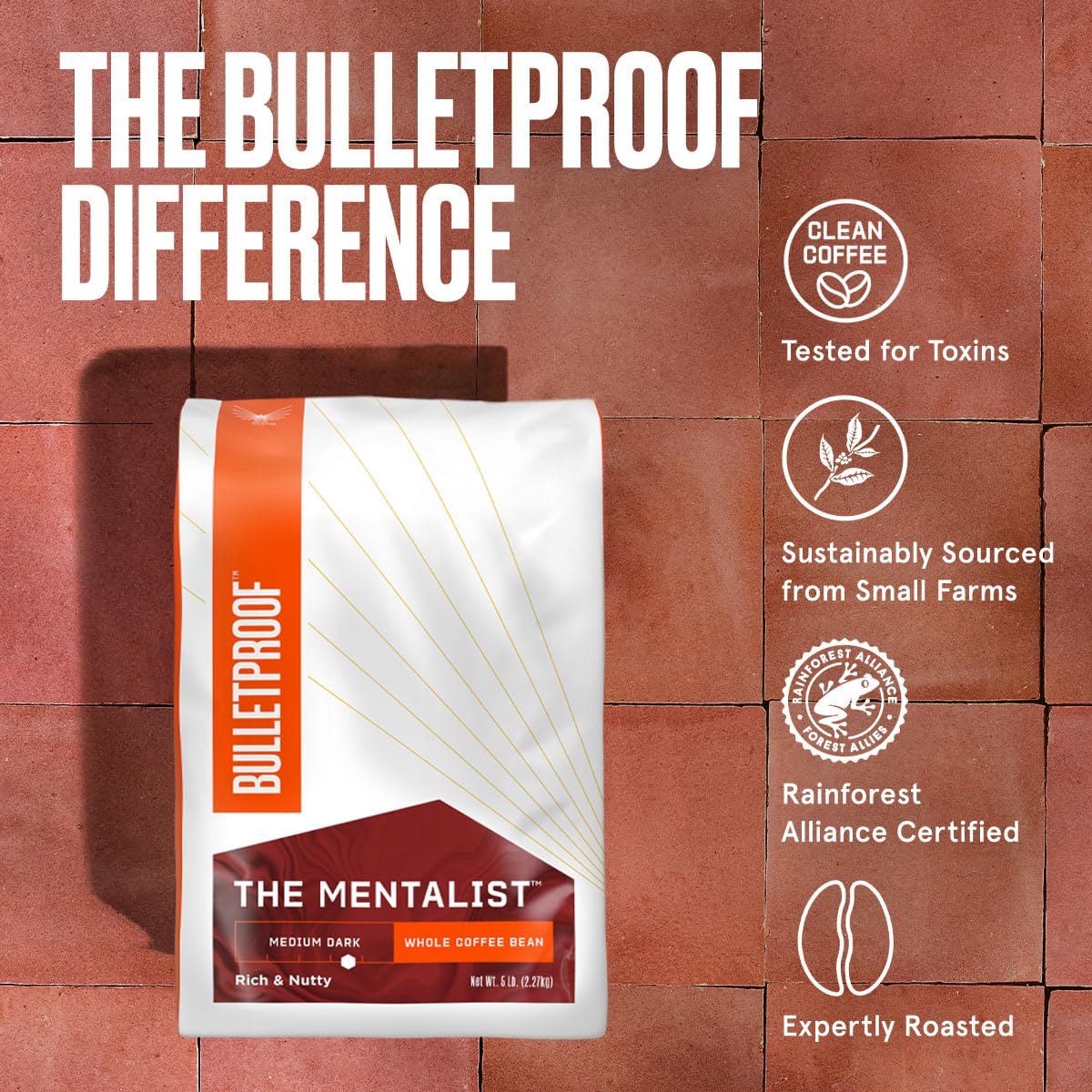 Premium Bulletproof The Mentalist Medium-Dark Roast Whole Bean Coffee - 80oz Bulk Bag | 100% Arabica Beans from Central & South America | Perfect for Home Brewing, Office Use & Gifts