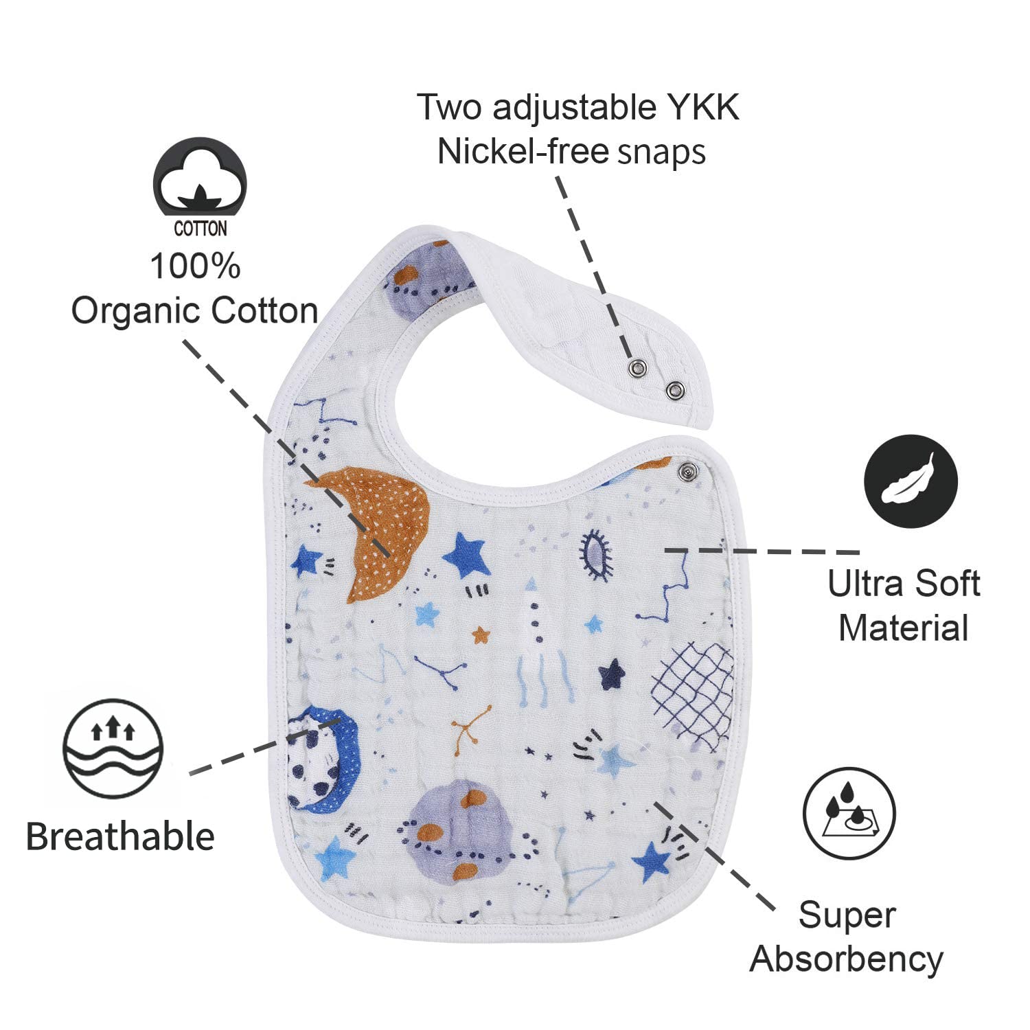 Starry Tales 100% Cotton Snap Muslin Baby Bibs for Boys & Girls - 3-Layer Absorbent & Soft, Adjustable & Machine Washable - Perfect for Newborns, Infants & Toddlers (Great for Feeding, Drooling & Mealtime Mess Protection)