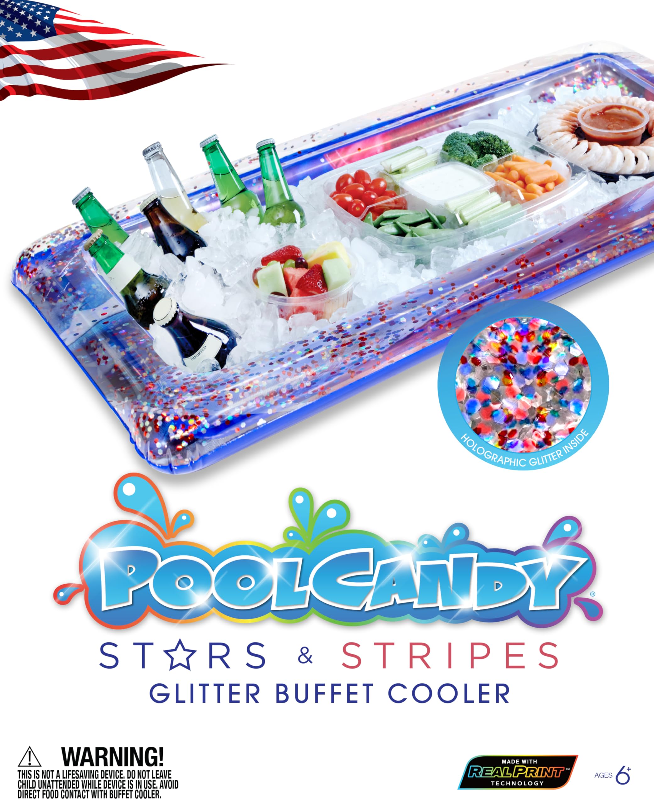 Poolcandy Inflatable Buffet Cooler with Stars & Stripes Glitter Design - Perfect for 4th of July Parties, Beach Picnics & Poolside BBQs