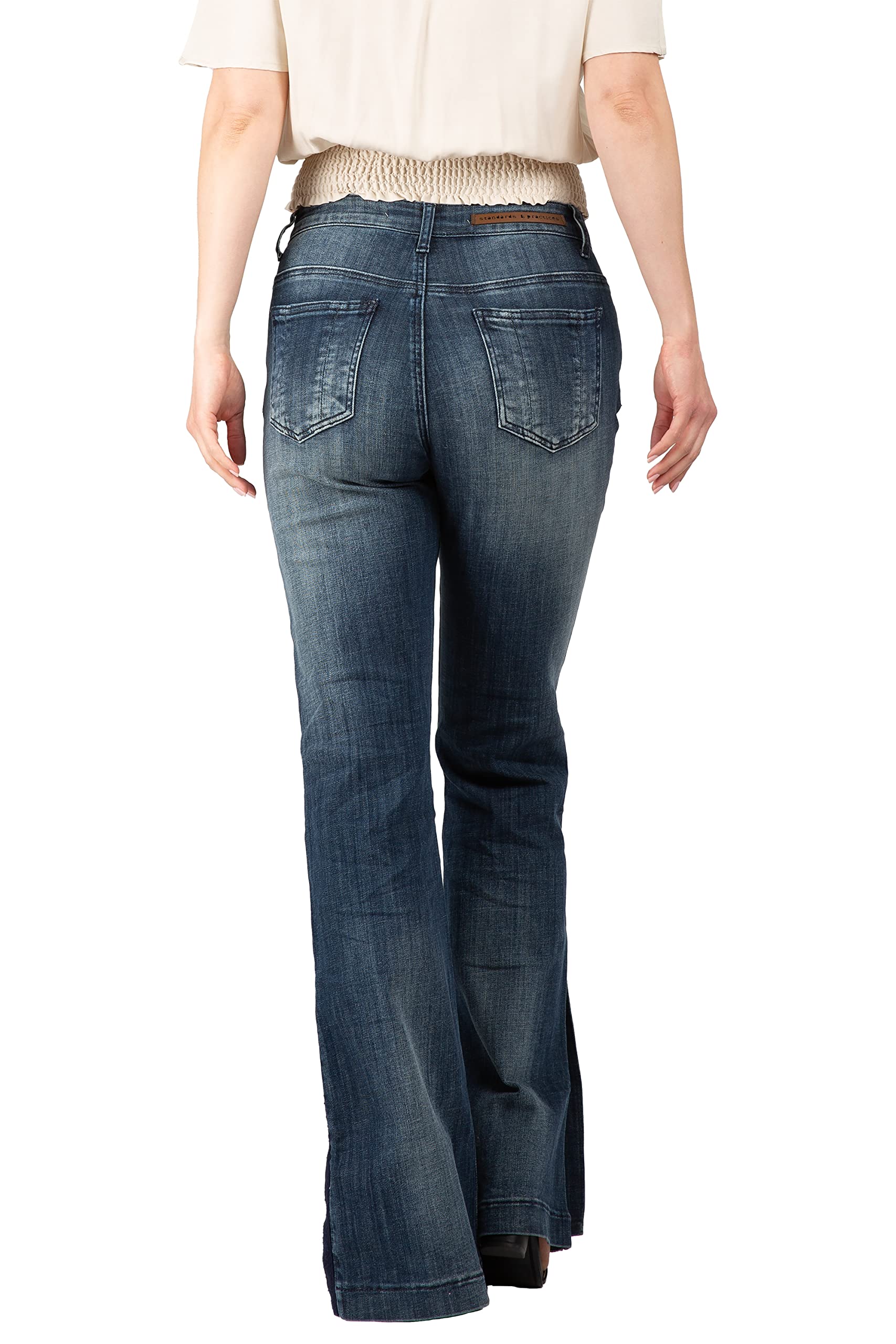 Premium Women's Blue Denim Whisker Wash Raw Edge Flare Jeans - High-Quality Stretch Denim Pants for Casual Wear & Everyday Fashion