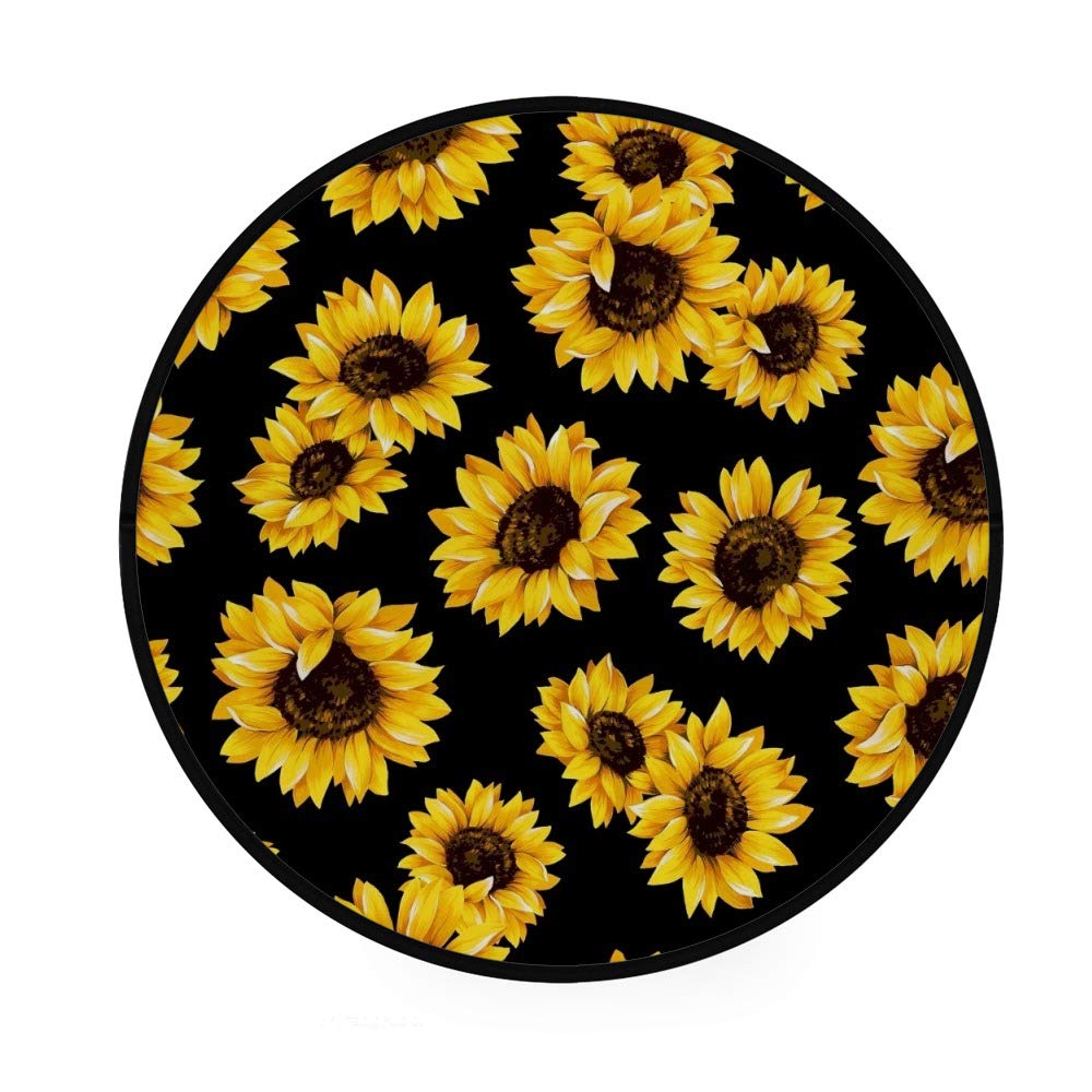 Modern Black Sunflower Round Area Rug - 3' Diameter Non-Slip Polyester Floor Mat for Living Room, Bedroom & Kids Play Area - Soft Yoga Mat Alternative for Home Decor & Playtime