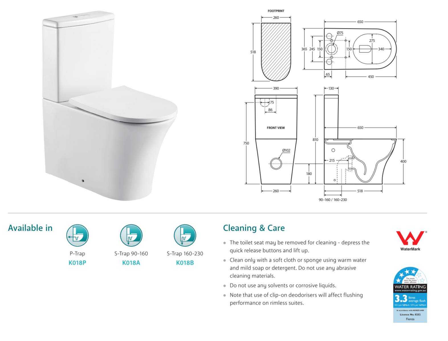 Fienza Chloe Back-to-Wall Toilet Suite - Modern One-Piece Elongated Toilet with Soft-Close Seat, Perfect for Small Bathrooms & Powder Rooms (White)
