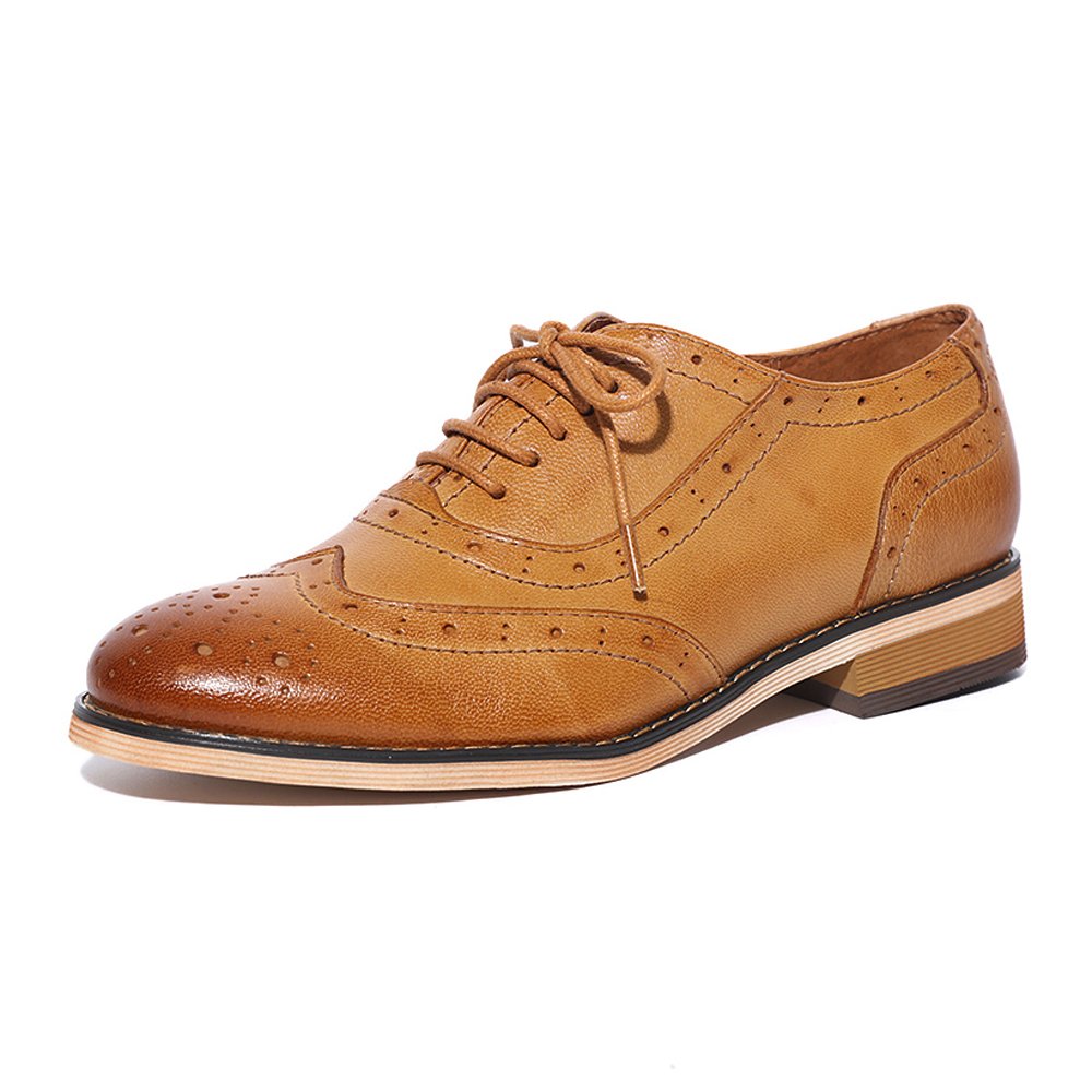 Vintage Wingtip Brogue Oxford Shoes for Women - Genuine Leather Perforated Lace-Up Flats - Classic Comfort for Office, Dating & Casual Wear
