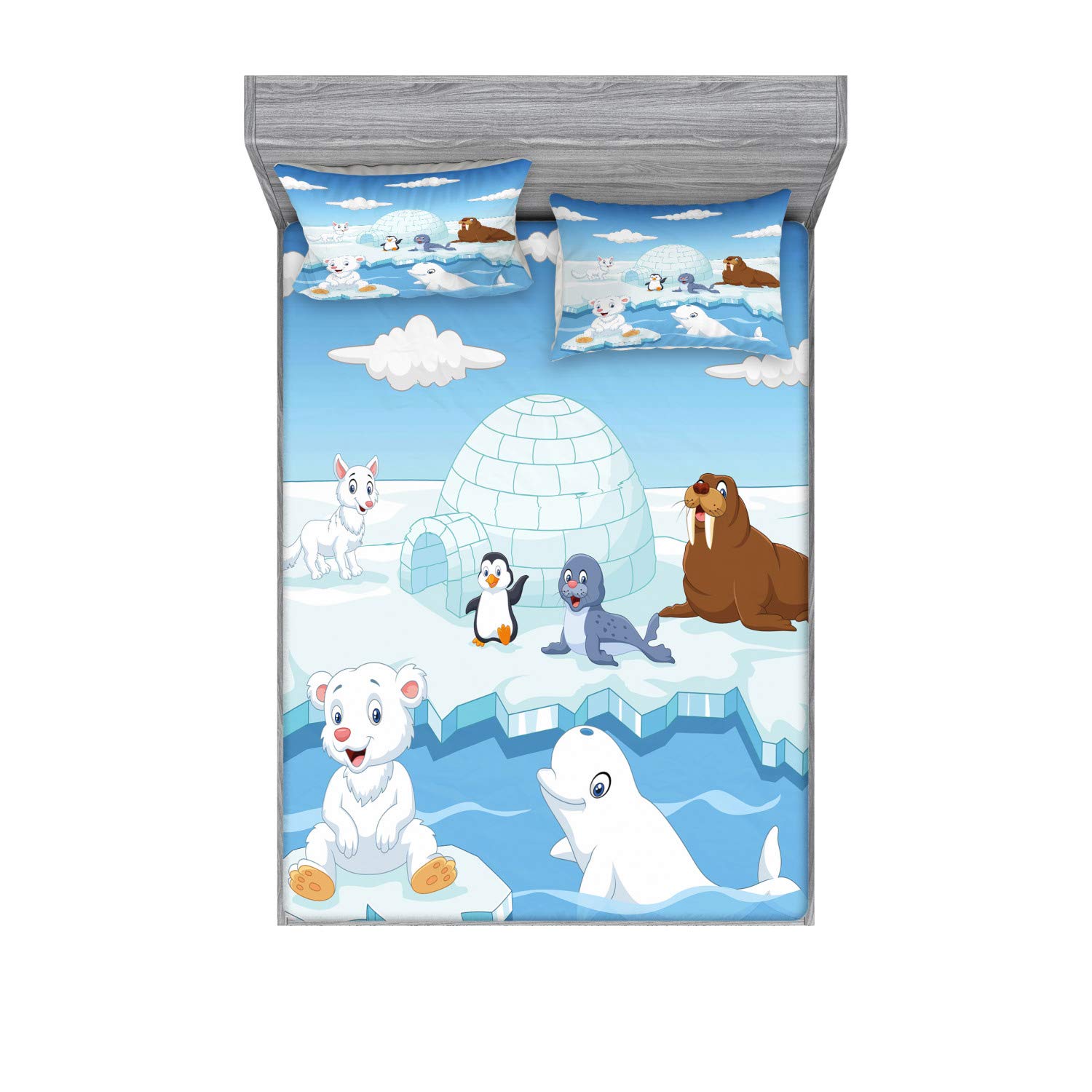Ambesonne Arctic Animal Print 3-Piece Bedding Set - Polar Bears, Seals, Penguins, Wolves & Whales Artwork - Queen Size Fitted Sheet & Pillow Shams in Sky Blue & White - Perfect for Kids' Rooms, Winter Themed Decor & Wildlife Lovers