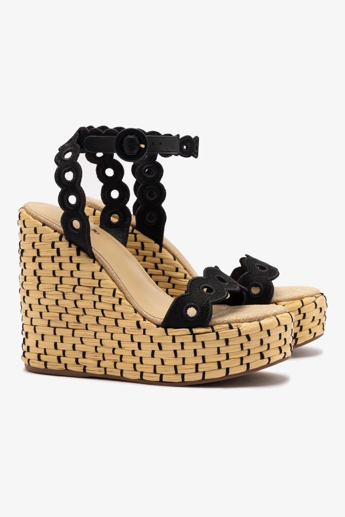 Florence Broderie Wedge Sandals in Beige & Black Raffia - Comfortable Summer Espadrilles for Beach, Vacation and Casual Outfits