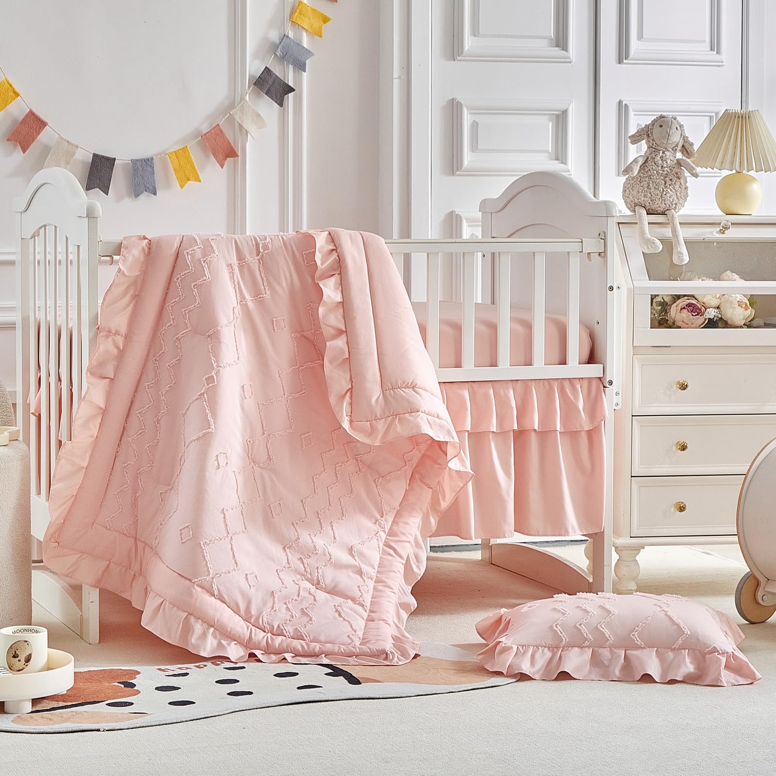 AIKASY Ruffled Shabby Chic Crib Bedding Set for Baby Girls - Coral Pink Quilted Comforter, Fitted Sheet, Bed Skirt & Pillowcase | Nursery Decor for Newborns & Toddlers | Perfect for Baby Showers & Gender Reveals
