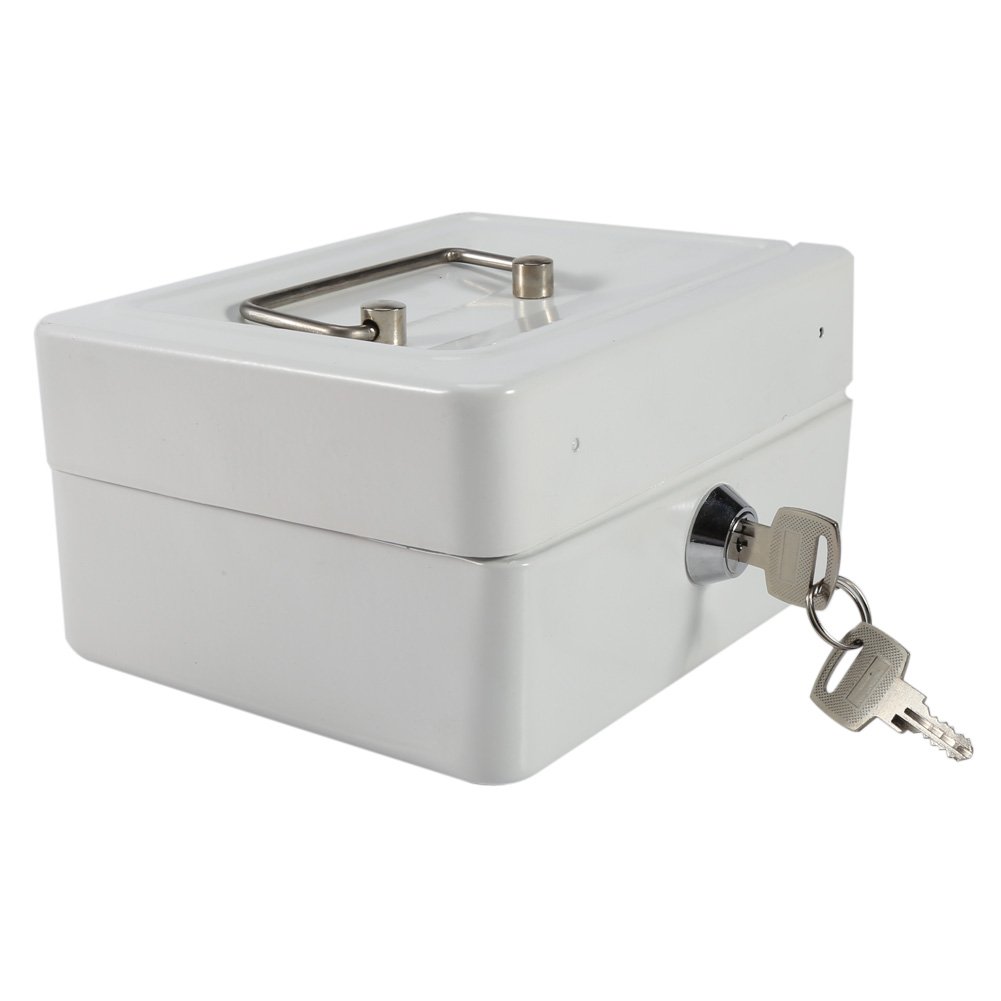 1Pc Metal Cash Box - Small Portable Steel Lockable Security Box with Key, Resistant Safe for Money, Jewelry & Valuables - Ideal for Home, Office, Retail & Travel Use (White)