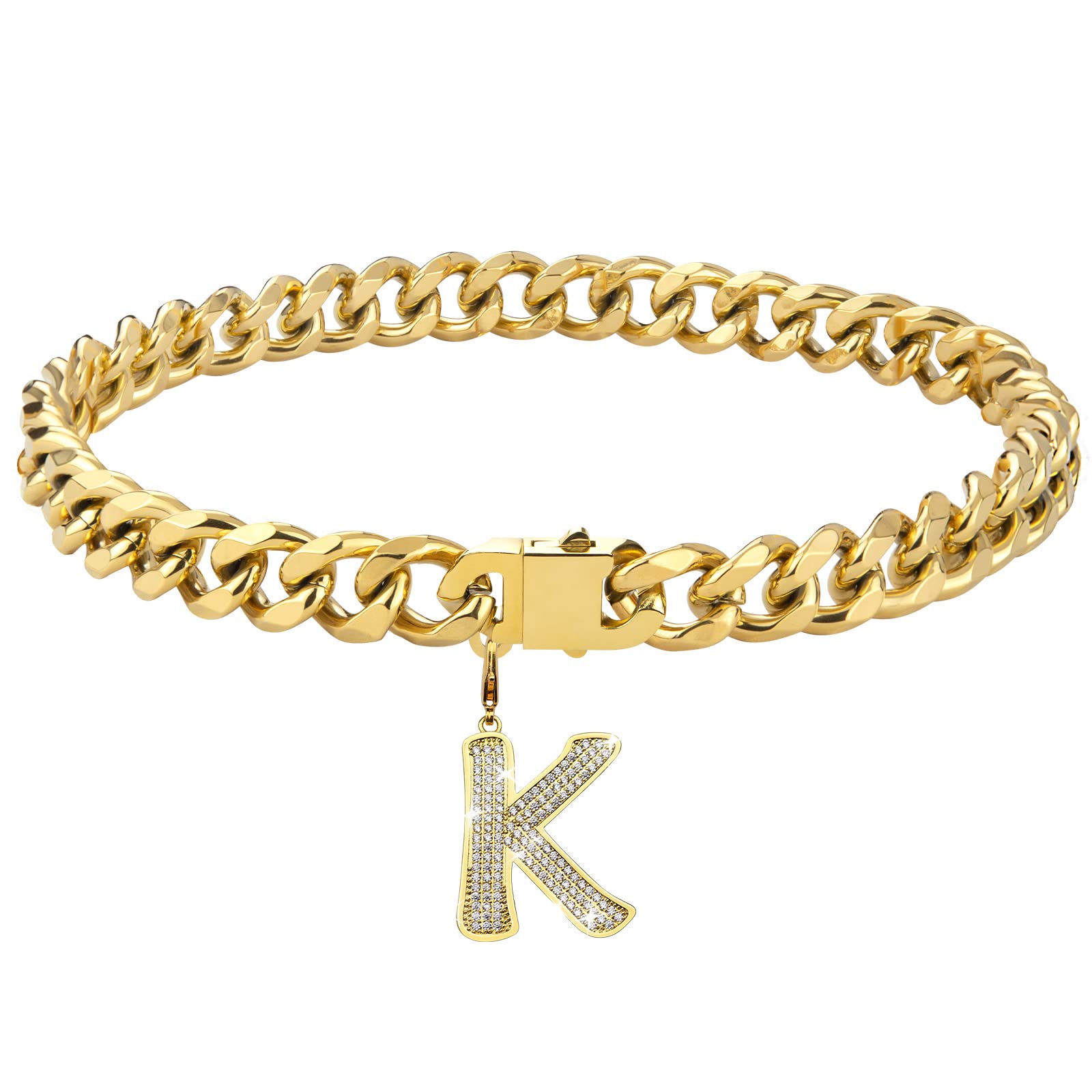 Personalized Gold Chain Dog Collar with Bling Zircons - Heavy Duty Chew Proof Cuban Link Necklace for Medium & Large Dogs | Letter K Engraved 16IN | Perfect for Pet Fashion & Special Occasions
