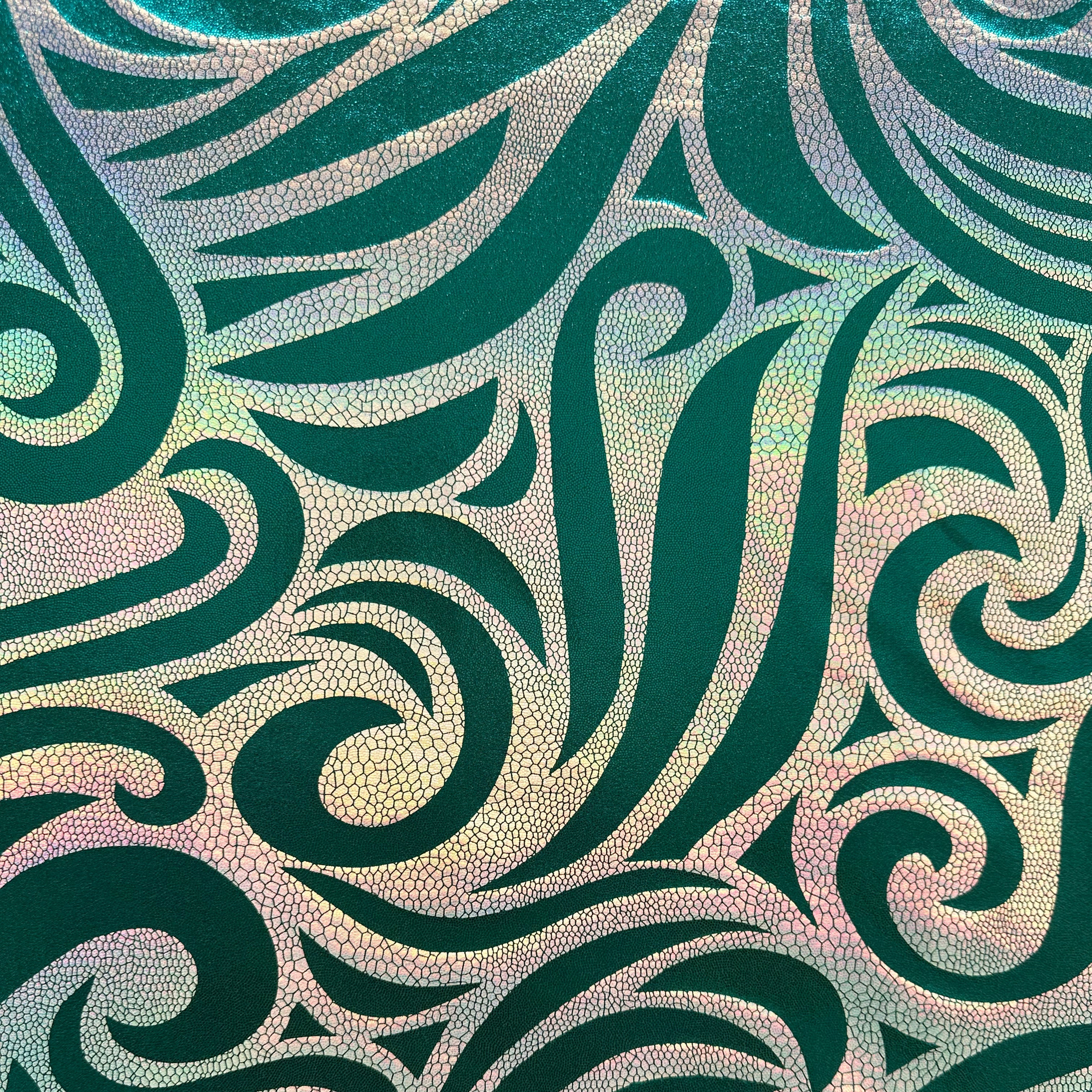 Holographic Fog Foil Spandex Fabric - Stretchable Metallic Warrior Print in Petrol Blue - Perfect for Cosplay, Dancewear, and Costume Design