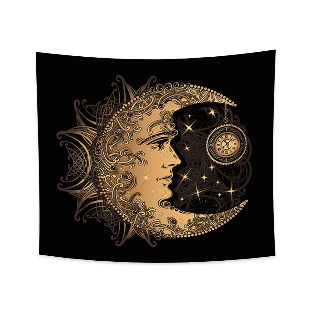 Yeele Yellow Moon Face Tapestry - Bohemian Wall Hanging Decor with Rune Star Compass Design | 59x51 Inch Polyester Fabric for Bedroom, Dorm, Living Room & Meditation Space