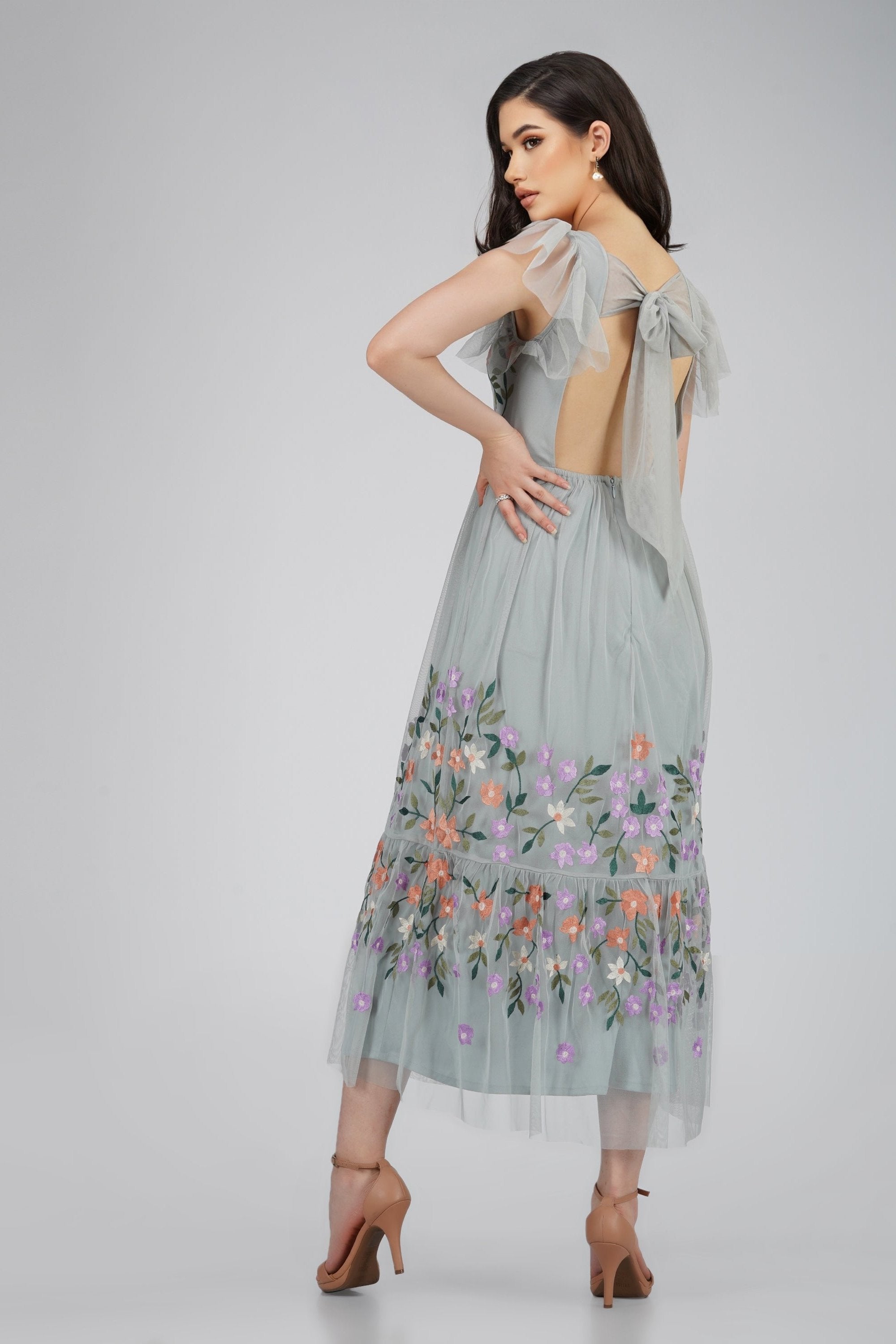 Elegant Iris Dusty Blue Embroidered Floral Dress for Women - Perfect for Weddings, Parties & Special Occasions