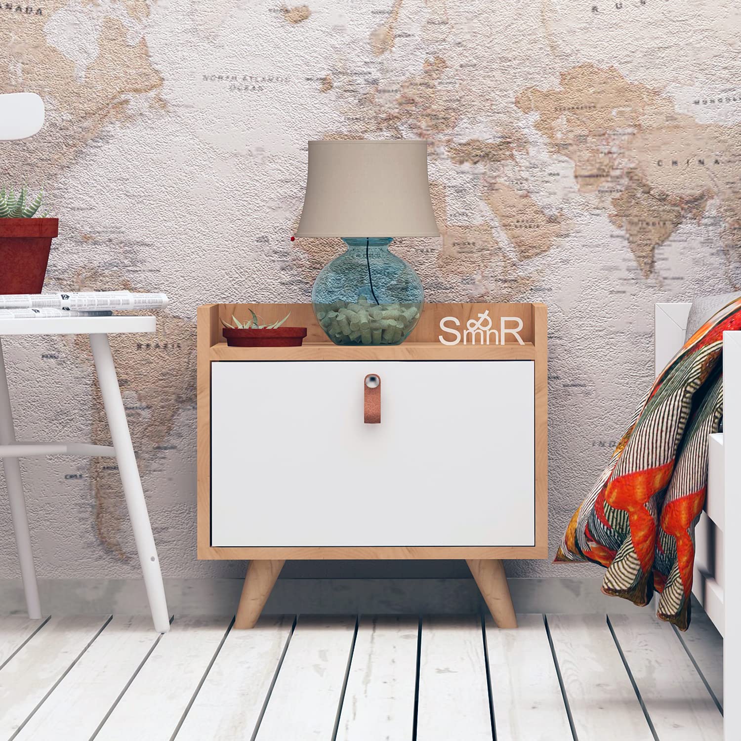 Mymob Dopo 1-Drawer Nightstand - Solid Oak Wood Bedside Table with White Finish | Perfect for Bedroom, Living Room & Small Space Storage