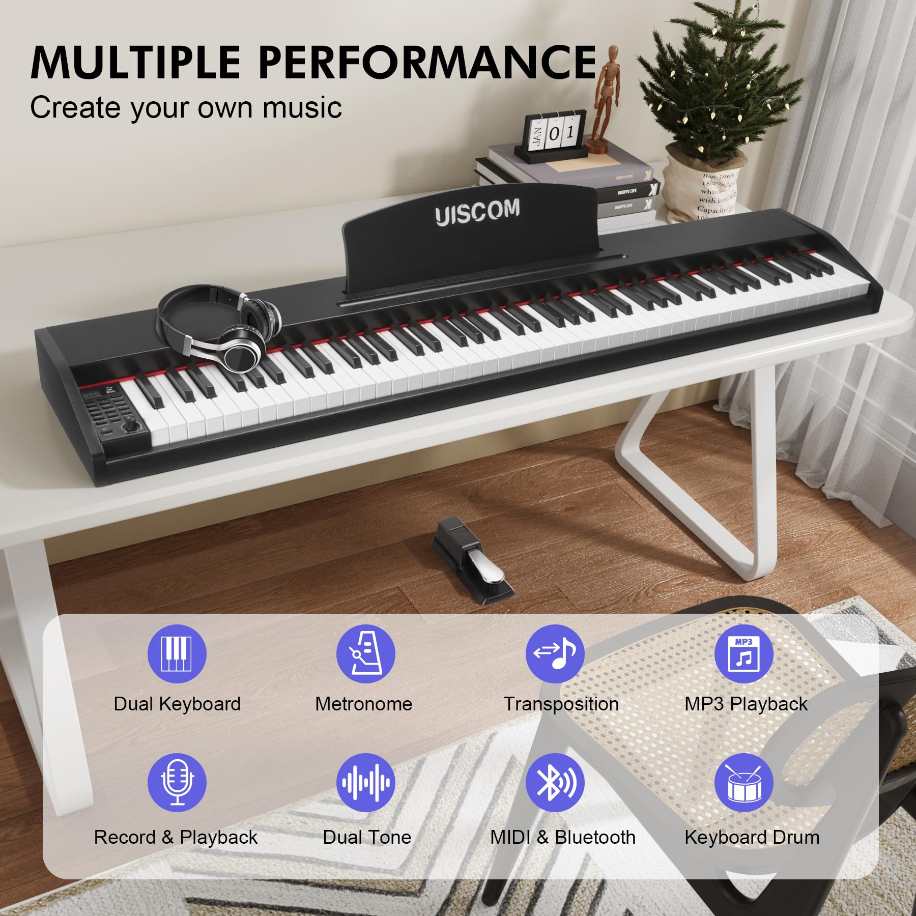 88-Key Digital Piano Keyboard for Beginners - Full Size Semi-Weighted Electric Piano with Music Stand, Sustain Pedal, Headphones & Power Adapter - USB MIDI Compatible Wood Grain Black Keyboard - Perfect for Home Practice, Music Lessons & Studio Recording