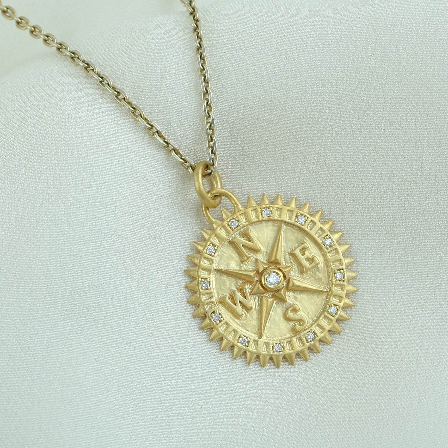 14K Yellow Gold Micro Pave Diamond Travel Compass Pendant Necklace - Perfect for Adventure Lovers & Outdoor Enthusiasts