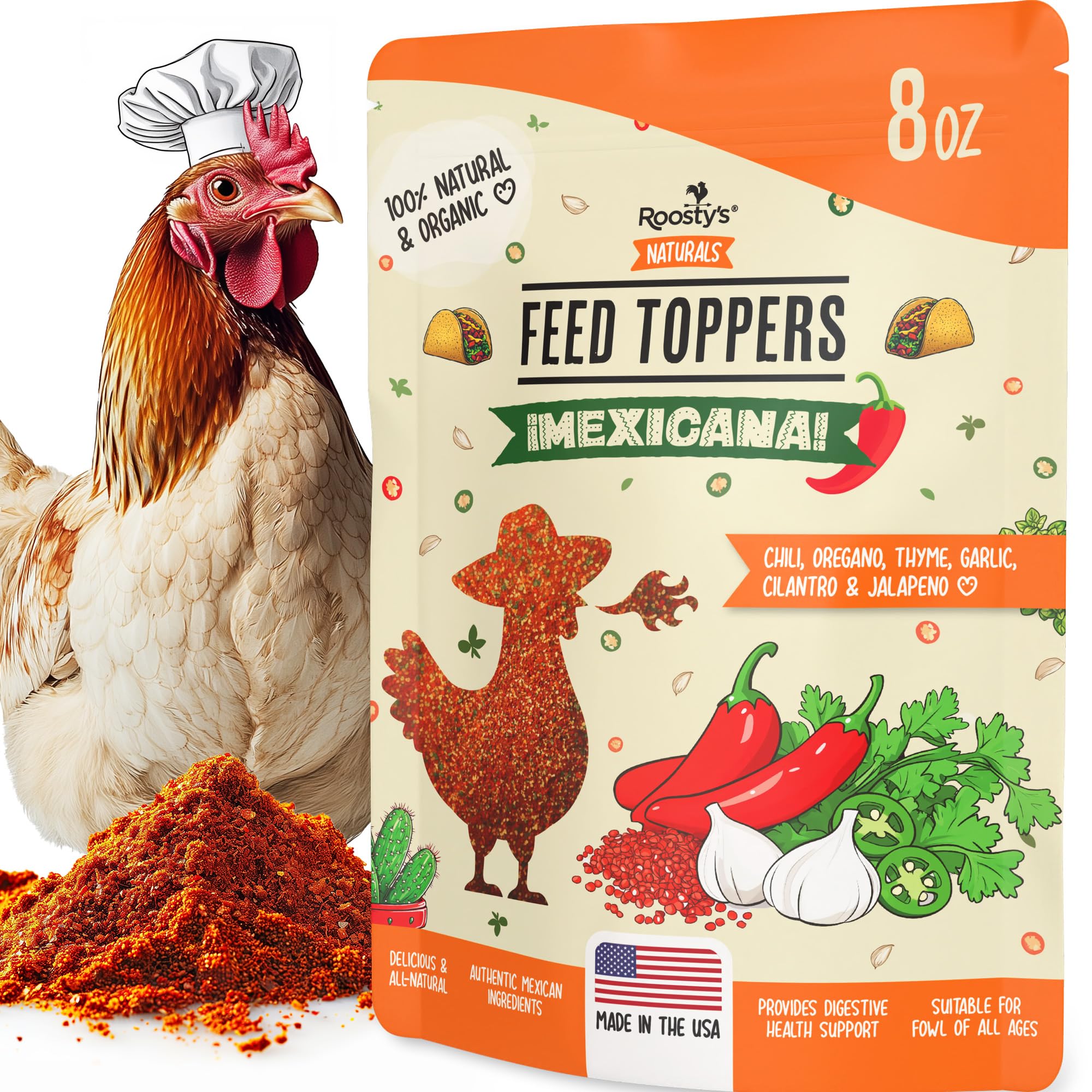 Premium All-Natural Chicken Feed Toppers for Laying Hens - 8oz | USA-Made Immunity & Digestion Booster | Healthy Chicken Treats & Coop Accessories | Perfect for Enhancing Egg Production & Flock Health