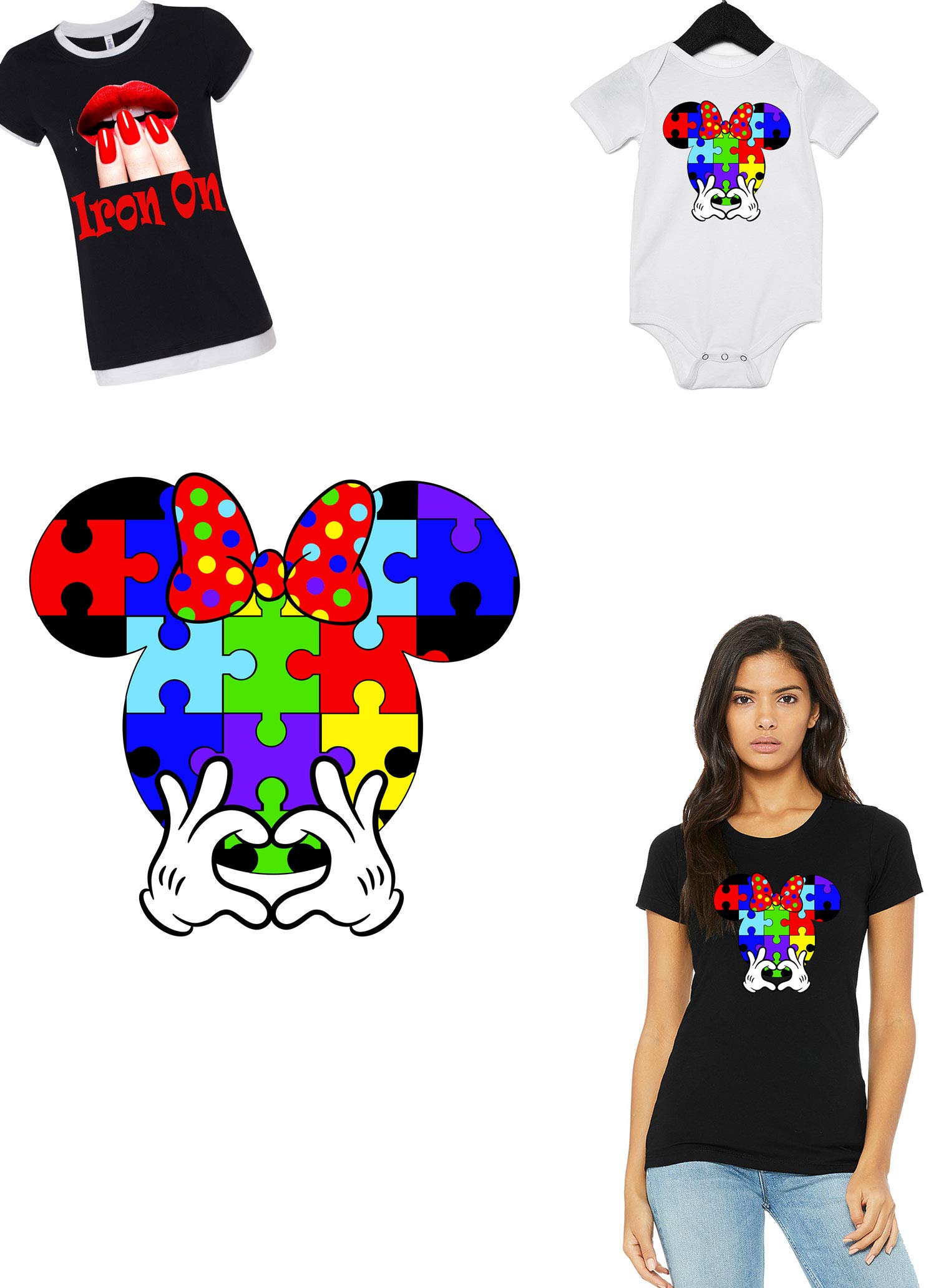 Minnie Mouse Autism Awareness Iron On Heat Transfer Sticker with Heart and Bow - 7 Inch Decal for T-Shirts, Bags, Hats - Perfect for DIY Crafts, Autism Support Events, and Kids Apparel