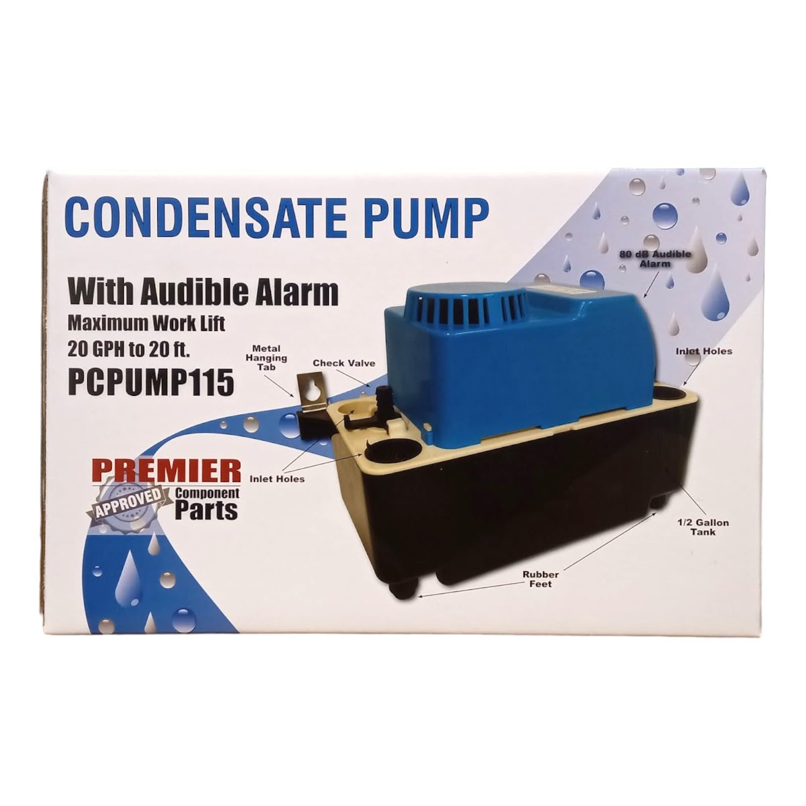 PCPUMP115 20' High Lift Condensate Pump with Loud Audible Alarm - Ideal for HVAC, Dehumidifiers, and Water Removal in Basements or Crawl Spaces