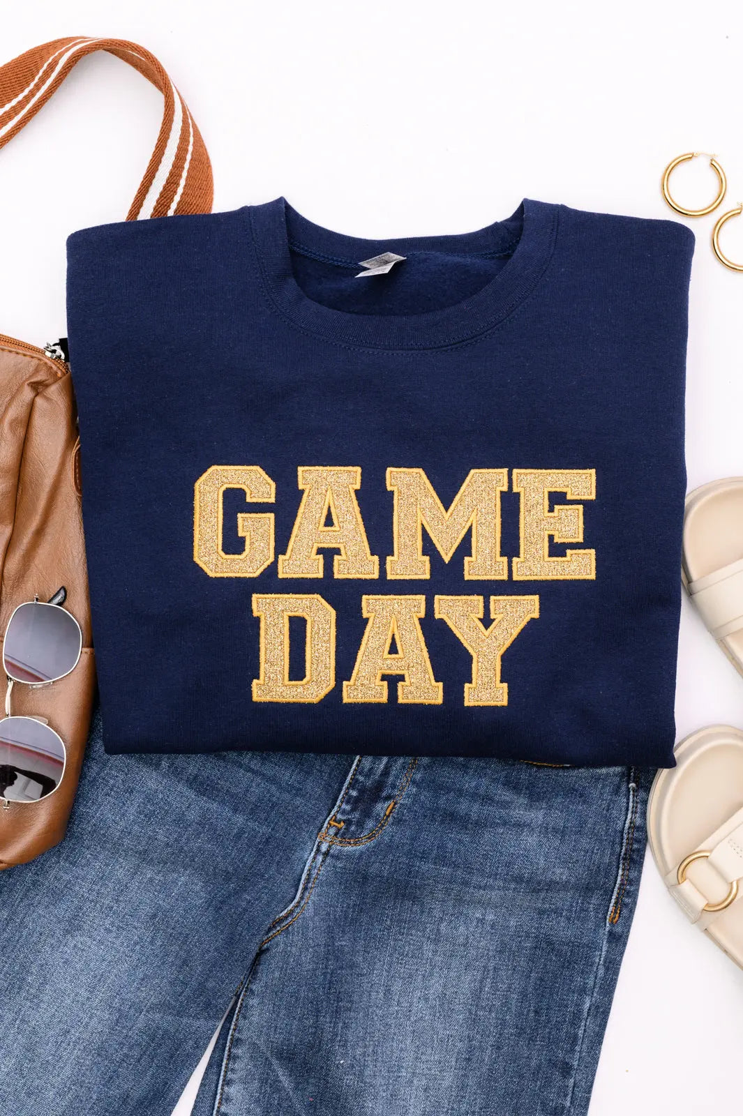 PREORDER: Embroidered Glitter Game Day Sweatshirt - Navy & Old Gold | Comfortable College Football Fan Apparel for Tailgating & Sports Events