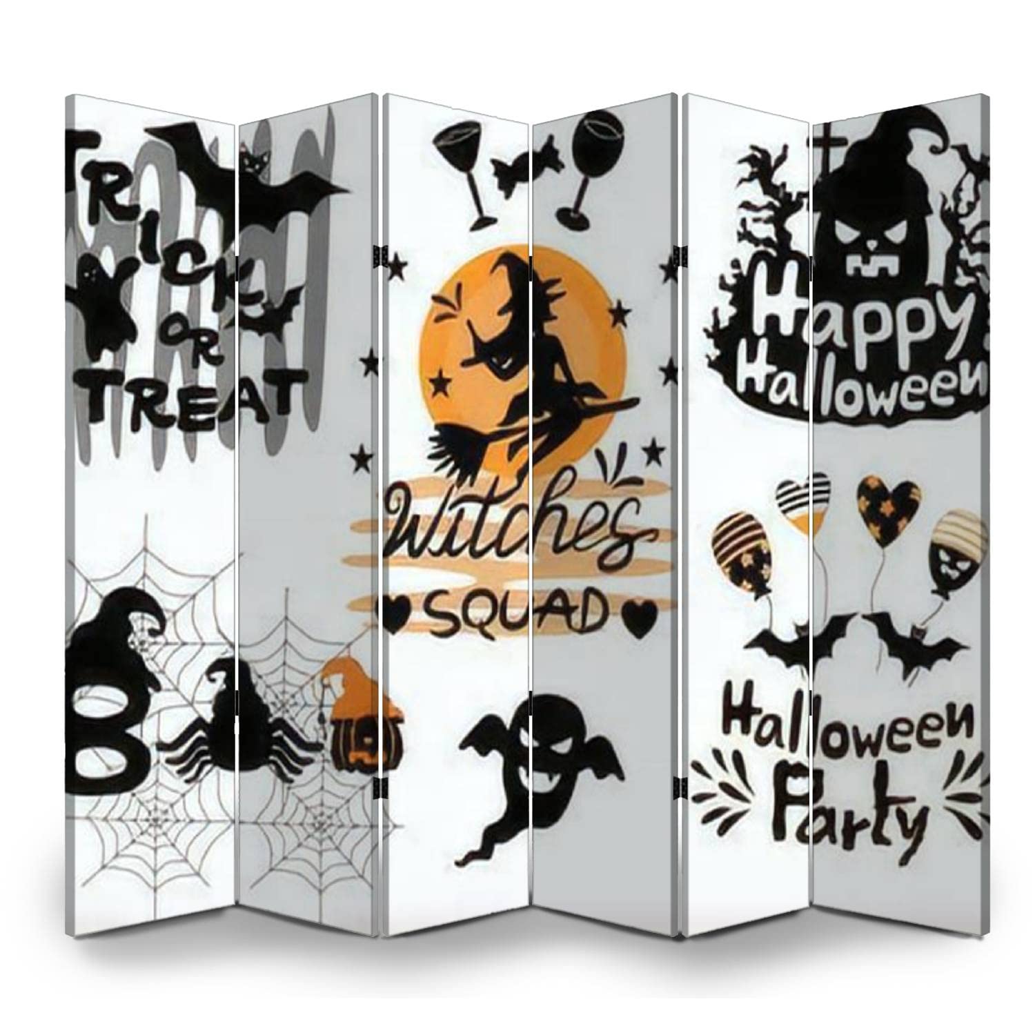 6 Panel Office Folding Screen - Halloween Doodle Design Canvas Privacy Partition in Black, White & Orange | Room Divider for Home, Office, Bathroom | Perfect for Seasonal Decor & Space Separation