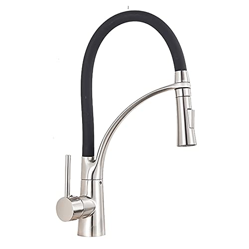 OMOONS Commercial Brass Pull Down Kitchen Faucet - Deck Mounted Pressurized Dual Mode Hot/Cold Mixer in Brushed Nickel - Perfect for Bar, Farmhouse & Restaurant Sinks