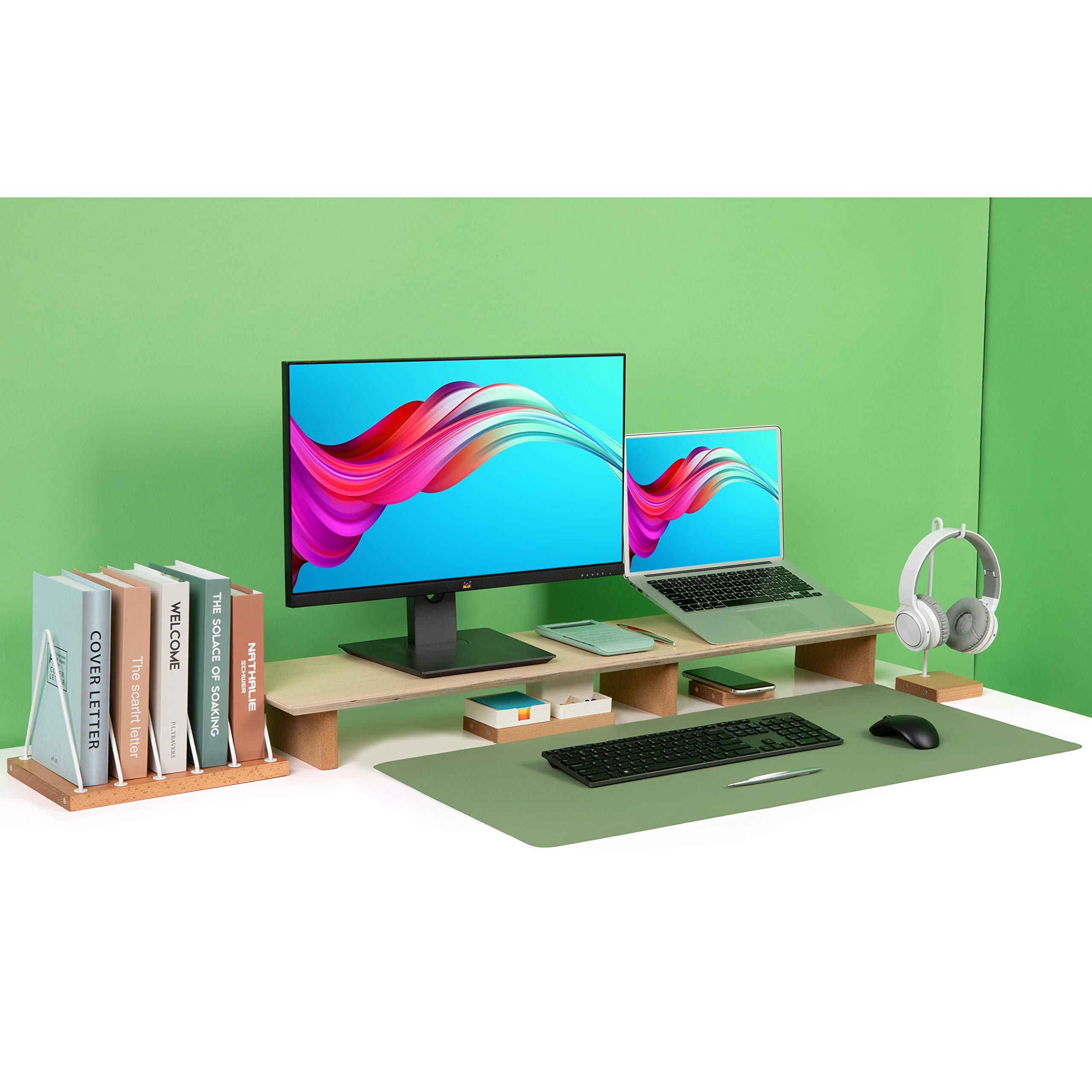 Premium Leather Desk Pad & Monitor Stand - Ergonomic Laptop Riser with Non-Slip Surface for Home Office, Gaming Setup & Workspace Organization (Black)