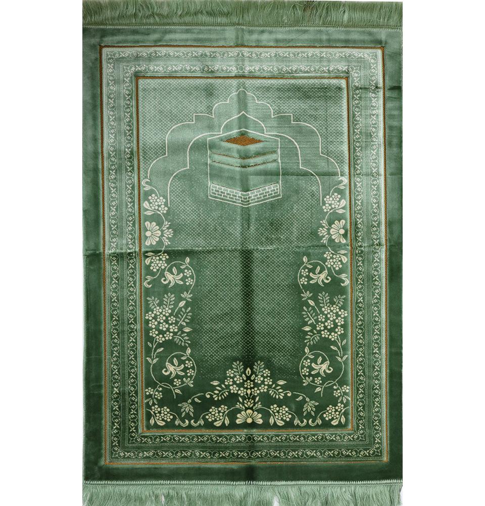 Premium Double Plush Wide Islamic Prayer Rug - Light Green Kaba Design for Home & Mosque Use - Soft & Comfortable for Daily Salah Prayers