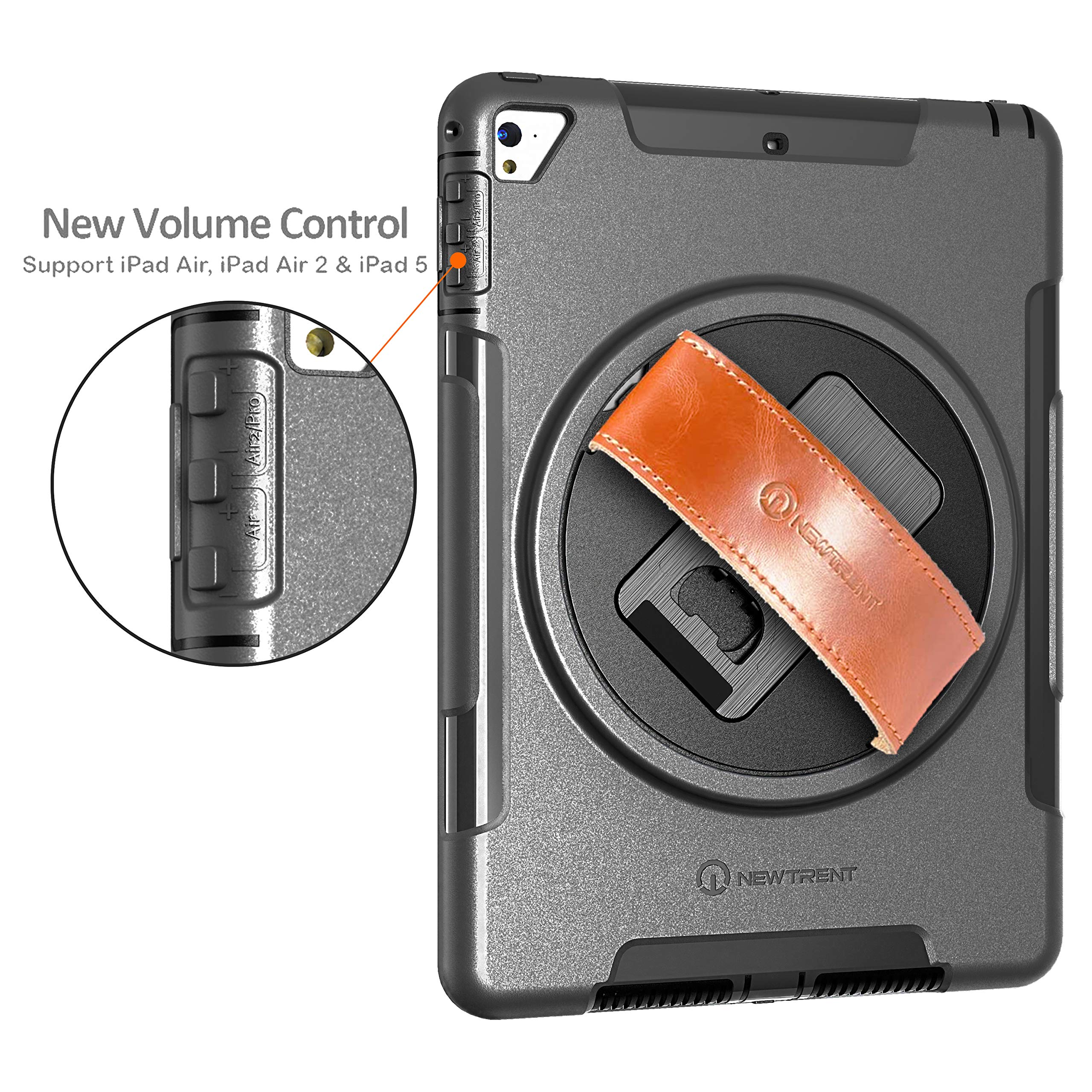 Shockproof iPad Case for iPad 5th/6th Gen, iPad Air 2 & iPad Pro 9.7 - Full Body Protection with Rotating Stand, Built-in Screen Protector & Premium Leather Hand Strap - Heavy Duty Protective Cover for Work, Travel & School Use