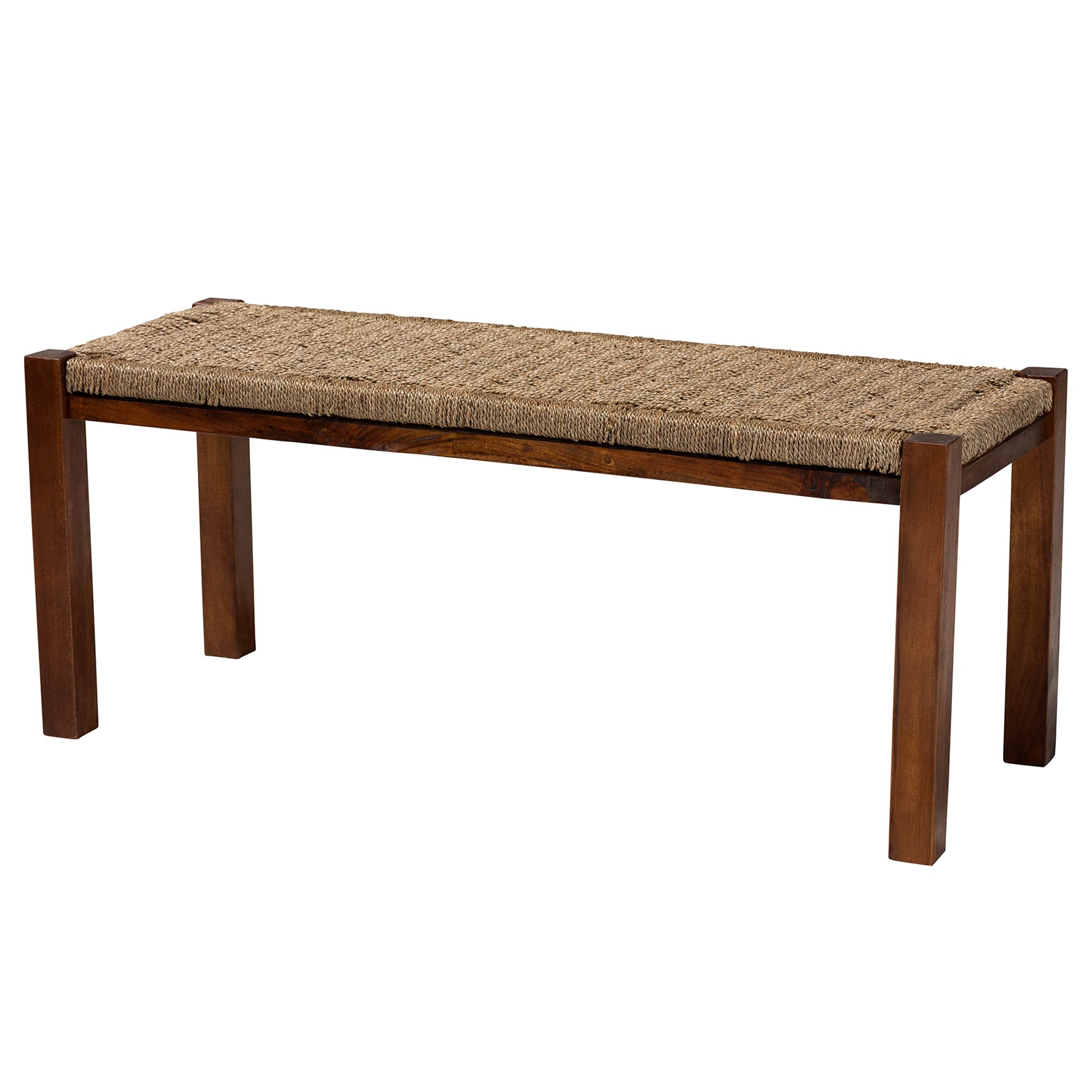 Bali & Pari Hermes Woven Seagrass Accent Bench - Natural Walnut Brown - Handwoven Rattan Stool for Living Room, Bedroom, or Patio Decor