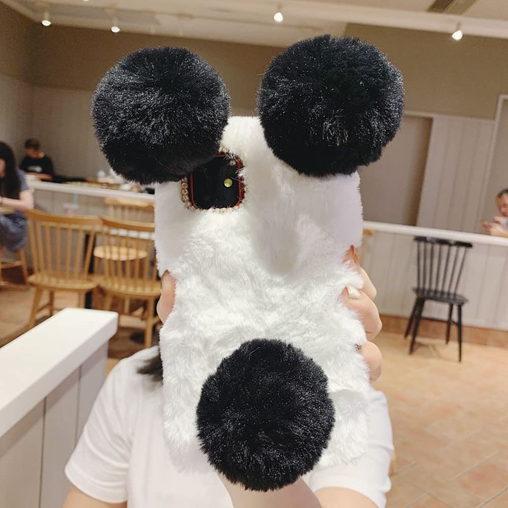 Fluffy Plush Furry Phone Case for iPhone 6S Plus - Winter Warm Soft Protective Cover with Rabbit Fur, Cartoon Bear Ears & Glitter Diamond Bowknot - Cute Cases for Women & Girls (White/Black) - Perfect for Winter Fashion, Daily Use & Gift Giving