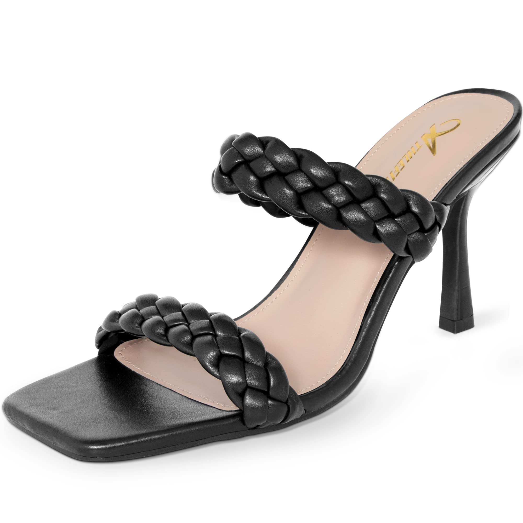 Athlefit Women's Braided Heel Square Toe Mule Sandals - Slip On Stiletto High Heels for Party, Wedding & Summer Outfits