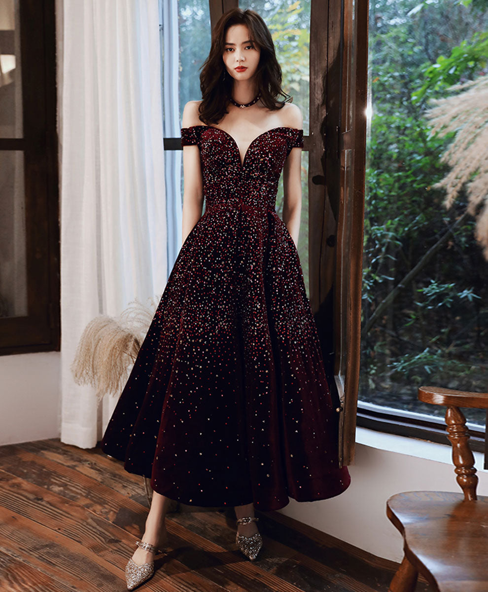 Elegant Aline Velvet Sequin Burgundy Prom Dress | Tea-Length Homecoming Gown for Women | Perfect for Formal Dances, Parties & Special Occasions