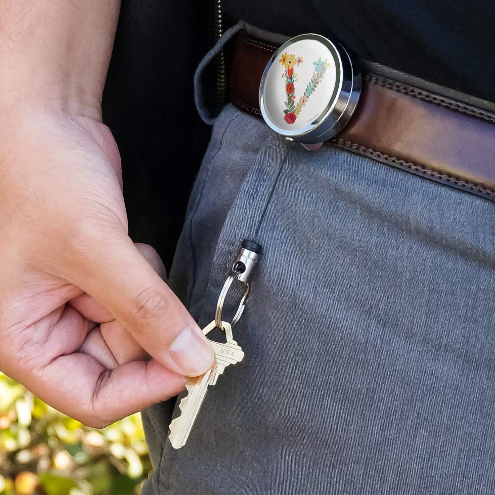 Letter V Floral Monogram Metal Retractable ID Badge Holder - Heavy Duty Key Card Reel with Belt Clip for Nurses, Teachers & Office Professionals