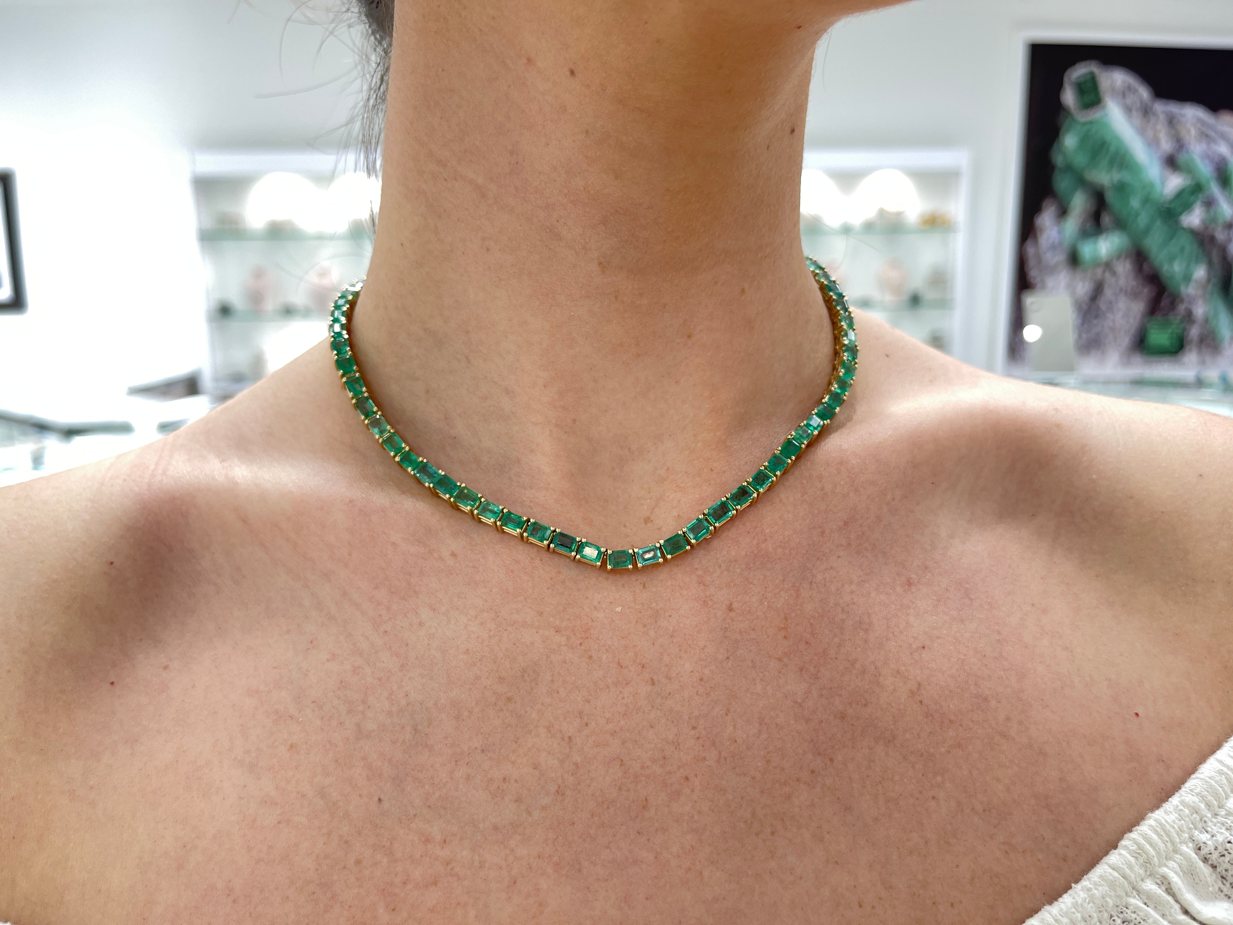 46.28 Carat Large Emerald Cut Prong Tennis Necklace in Solid 14K Yellow Gold | Elegant Jewelry for Weddings, Parties & Special Occasions