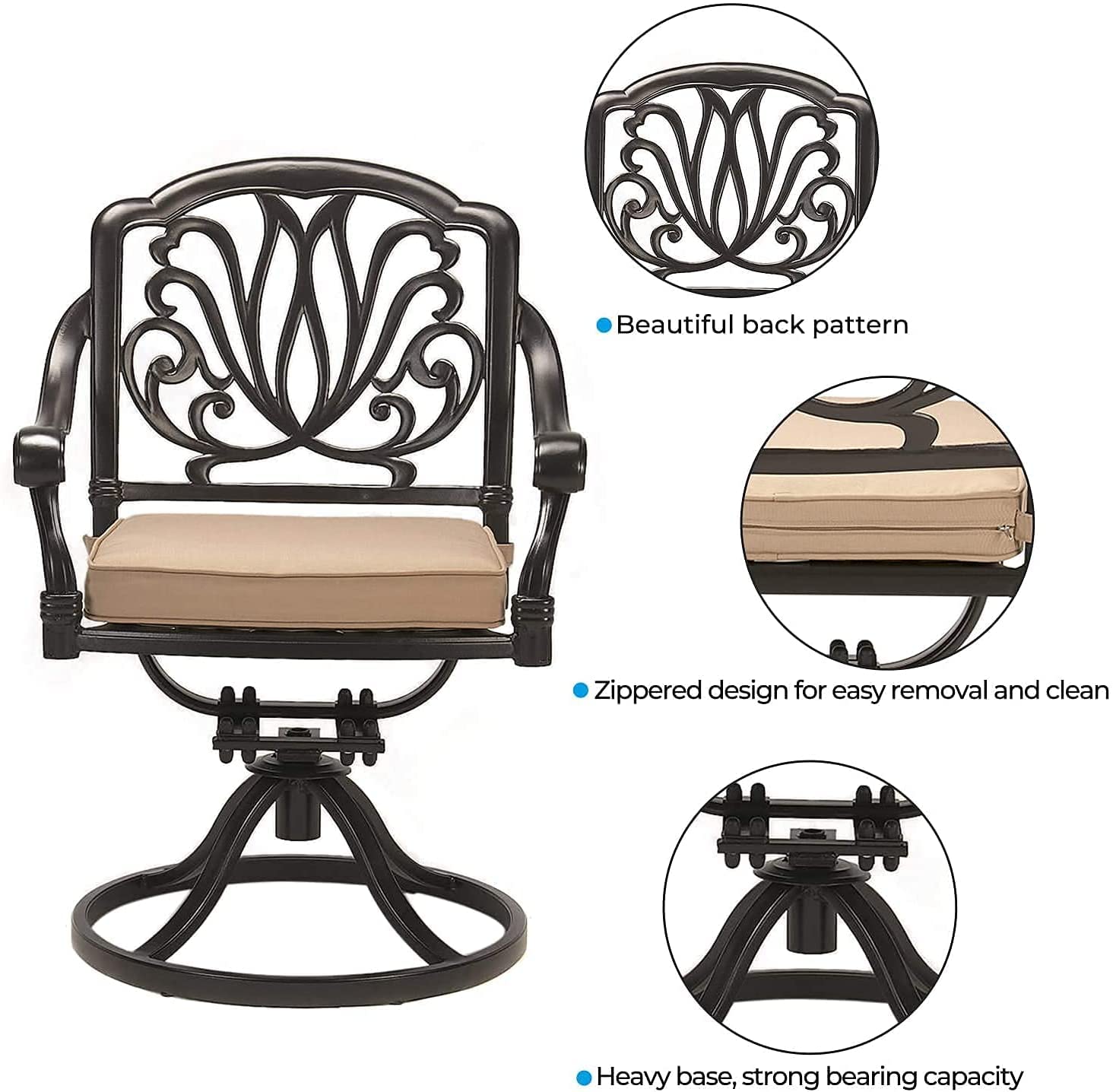 2-Piece Patio Swivel Dining Chairs Set with Cushions - Weather-Resistant Cast Aluminum Outdoor Chairs for Garden, Deck & Backyard - Antique Bronze Metal Furniture (Perfect for Outdoor Dining, Lounging & Entertaining)