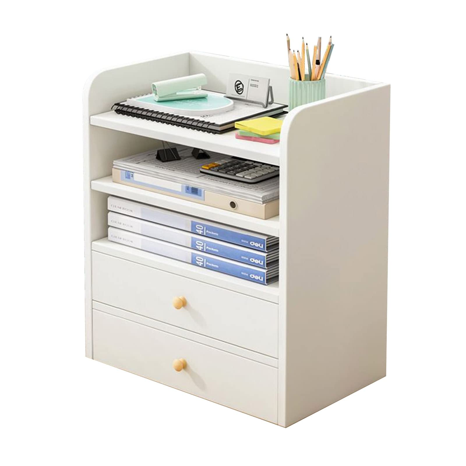 FPIGSHS Freestanding Desk Organizer Shelf with 2 Drawers - Stylish Home Office Storage Solution for Papers, Books & Supplies | Perfect for Workspace Organization & Small Space Decor
