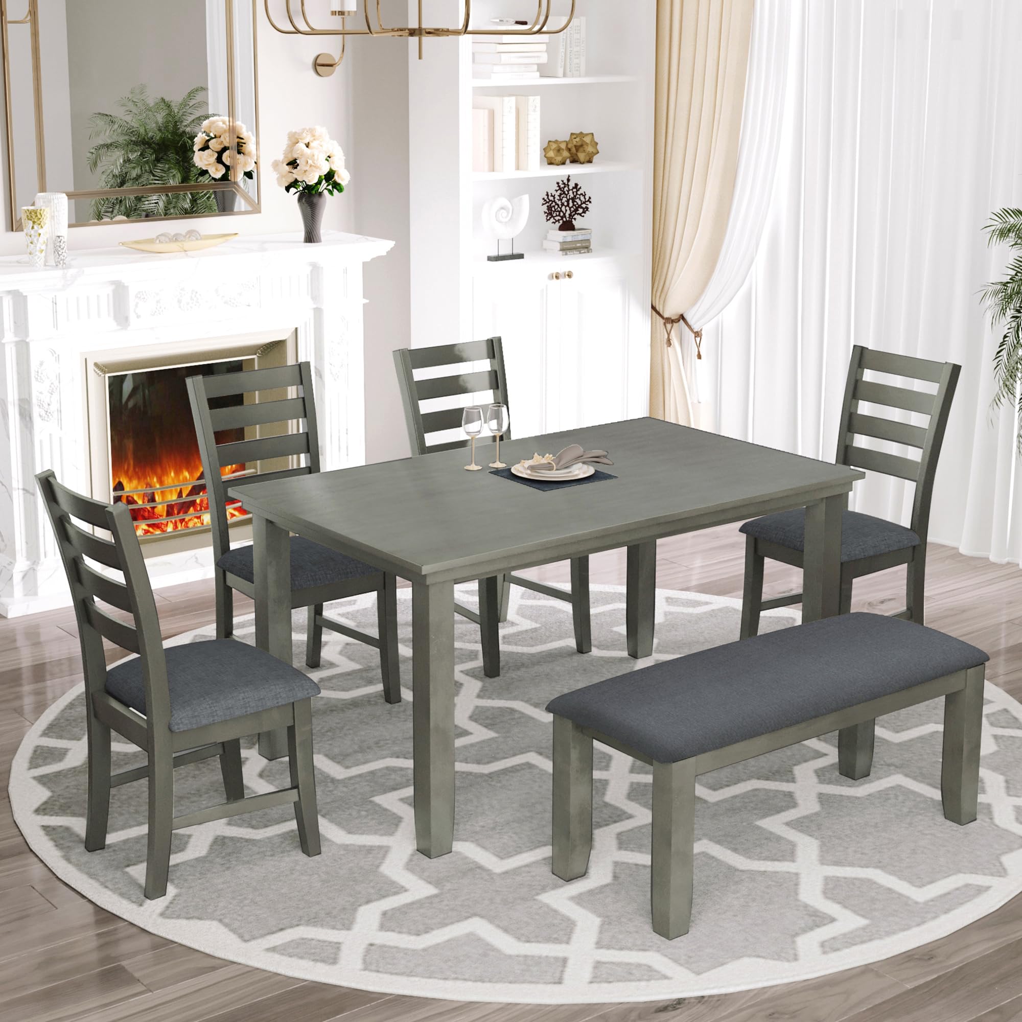 Harper & Bright Designs 6-Piece Rustic Wood Dining Table Set with 4 Chairs & 1 Cushioned Bench, Gray Kitchen Dinette for 6 - Perfect for Farmhouse Kitchens, Small Dining Rooms & Cozy Family Meals