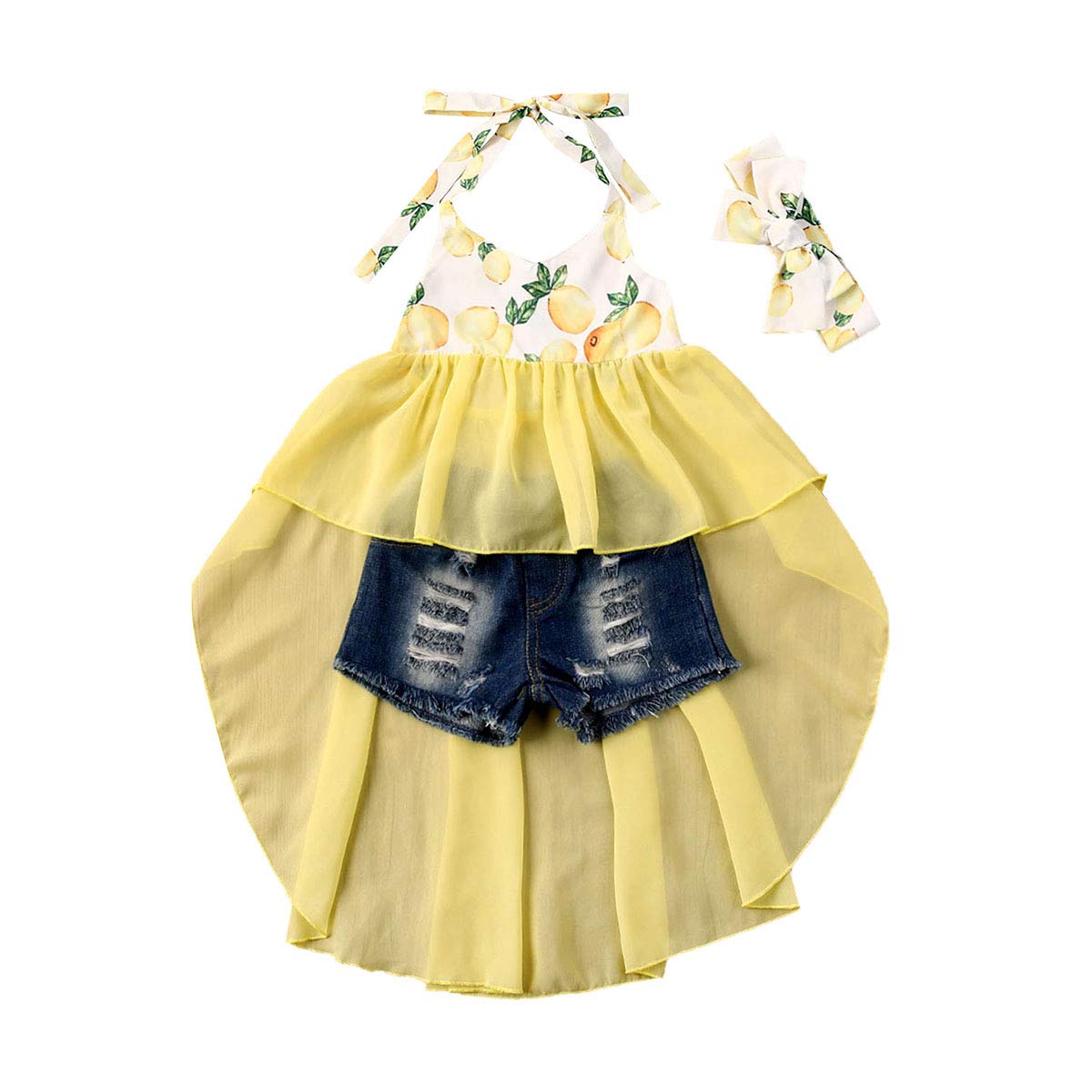 **Girls' Summer Outfit Set - Lace Strap Dress & Denim Shorts with Headband | Cute Toddler Clothes for Beach, Party & Playtime**