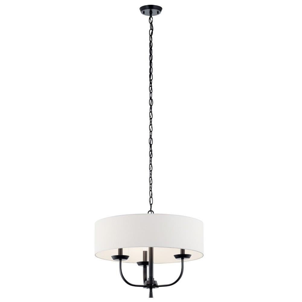 Kichler Kennewick 3-Light Black Chandelier with White Fabric Shade - Elegant Dining Room & Bedroom Ceiling Light Fixture for Modern Home Decor