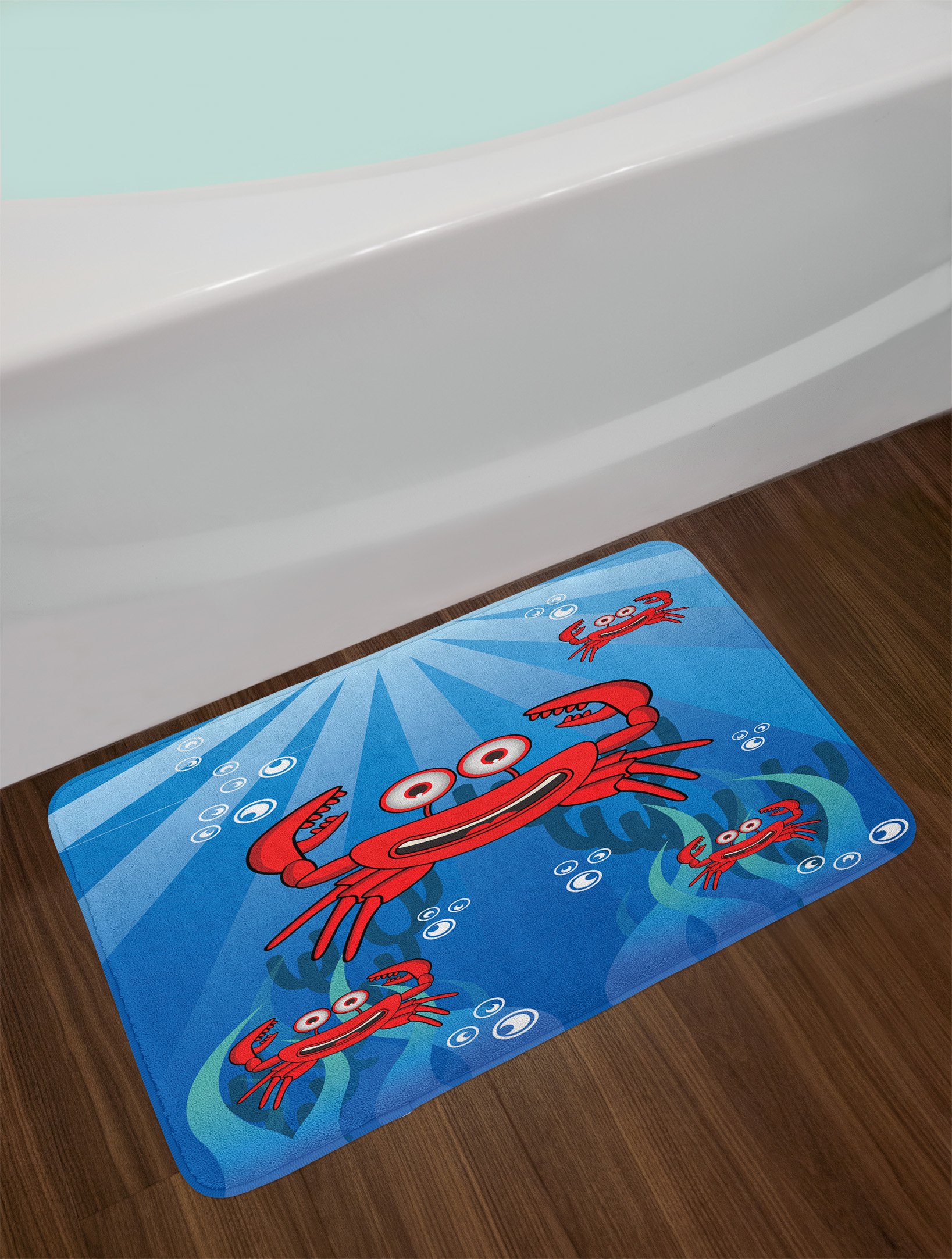 Ambesonne Non-Slip Plush Bath Mat with Funny Smiling Crabs Underwater Design, 30.2 x 20 Inches, Blue & Red - Soft Bathroom Rug for Kids and Adults, Perfect for Bathroom Decor and Safety