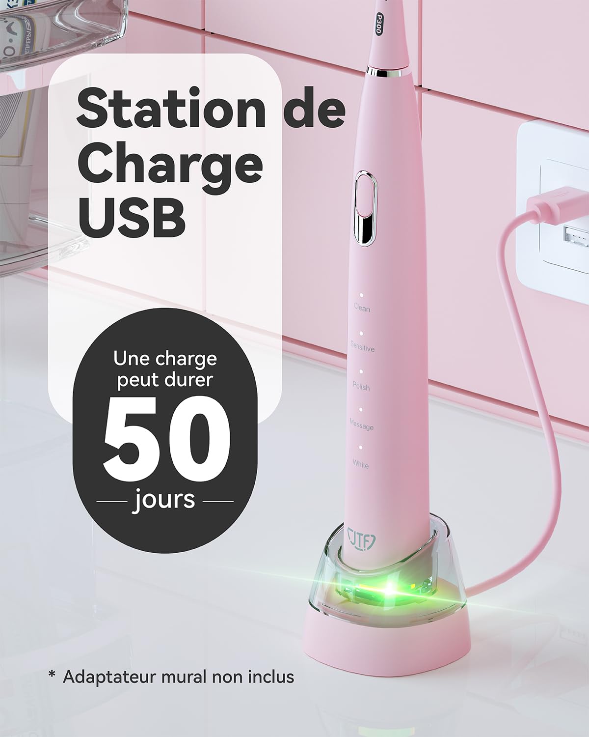 JTF Sonic Electric Toothbrush for Adults - 6 Replacement Brush Heads, 5 Cleaning Modes, IPX7 Waterproof, USB Rechargeable with Travel Case (Pink) | Perfect for Home Use, Travel & Gifts