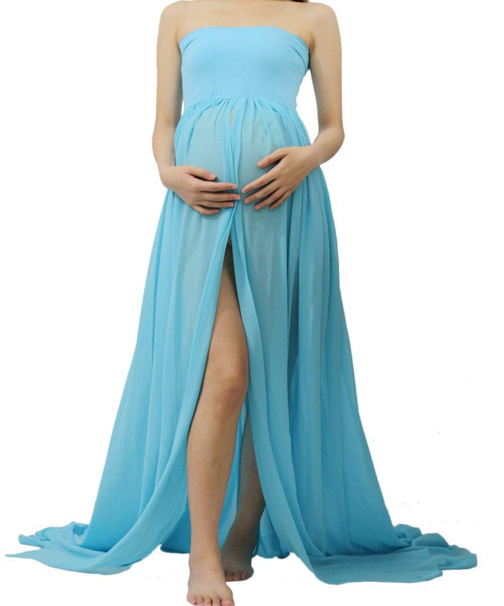 Elegant Maternity Chiffon Maxi Dress with Split Front for Pregnancy Photoshoot - Perfect for Baby Shower, Maternity Photos, and Special Occasions