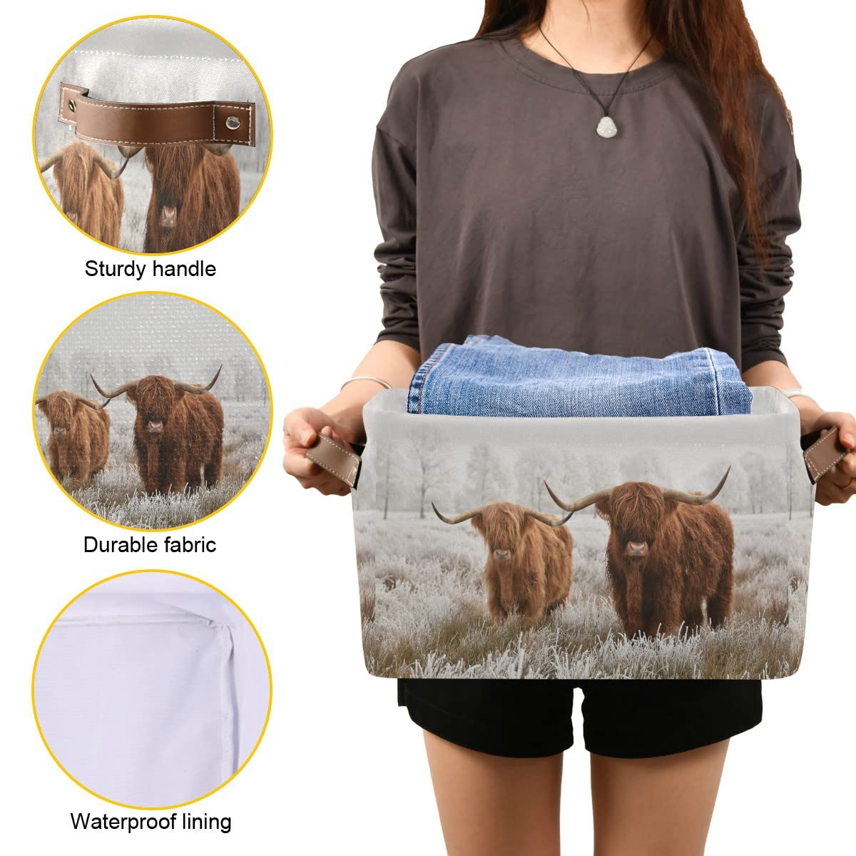 Scottish Highland Cow Fabric Storage Bin - Foldable Storage Basket for Baby Clothes, Dog Toys & Books - Farmhouse Decor Organizer (16×12×8 Inches) - Perfect for Nursery, Closet & Shelf Organization