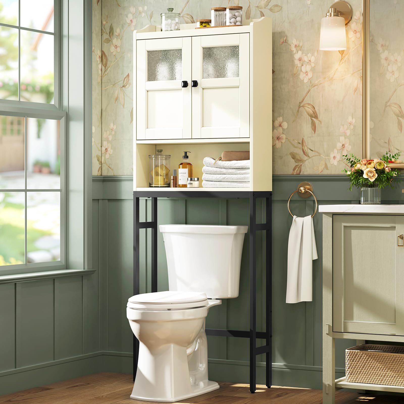 Over The Toilet Storage Cabinet with Double Doors & Soft Hinges - Bathroom Organizer Shelf for Towels, Toiletries & Essentials - Space-Saving Cream White Design for Small Bathrooms & Apartments