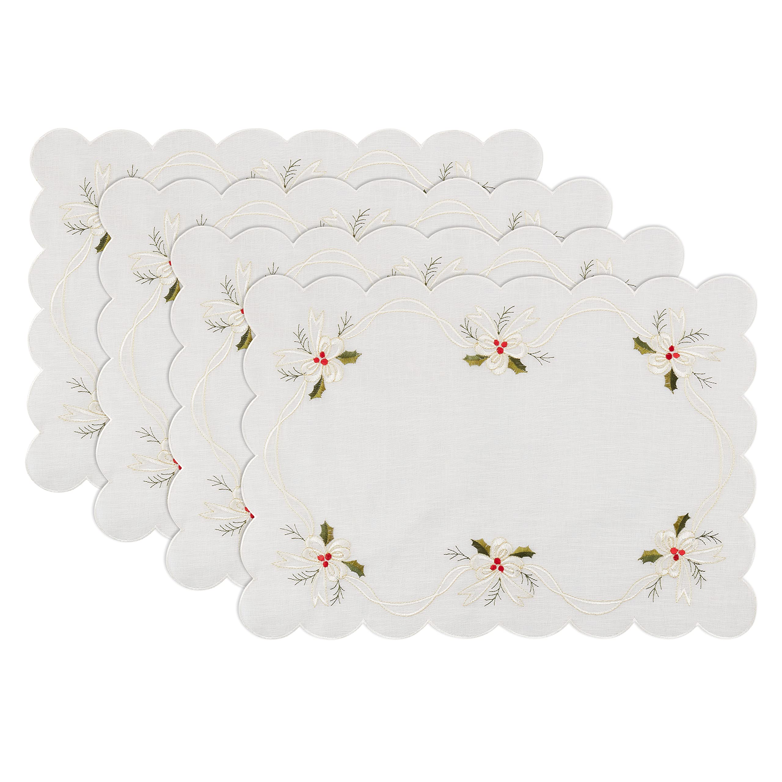 Embroidered Holly and Ribbon Christmas Placemats Set of 4 - Holiday Table Decor for Dining Room, Party, and Festive Home Decor