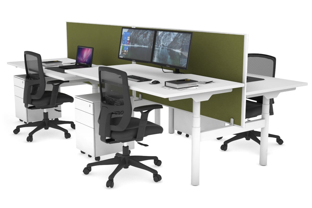 Flexi Premium Height Adjustable 4-Person H Bench Workstation - White Frame [1600L x 800W with Cable Management] - Ideal for Office, Coworking Spaces & Collaborative Work Environments