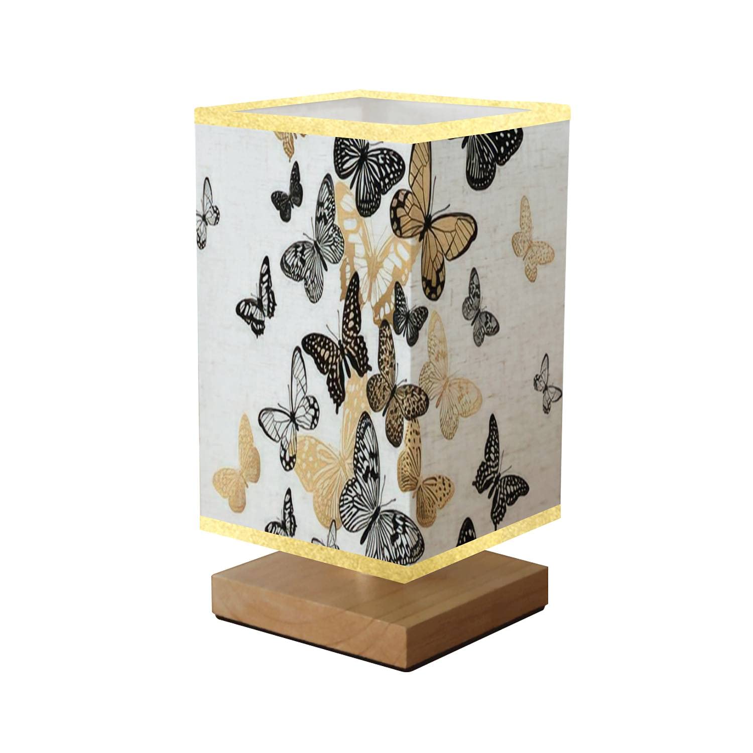 Modern Square Bedside Table Lamp with Gold & Black Butterfly Design, Wooden Base & Flaxen Fabric Shade - Dimmable Nightstand Lamp for Bedroom, Living Room, Nursery | Perfect for Reading, Relaxing & Creating Cozy Ambiance